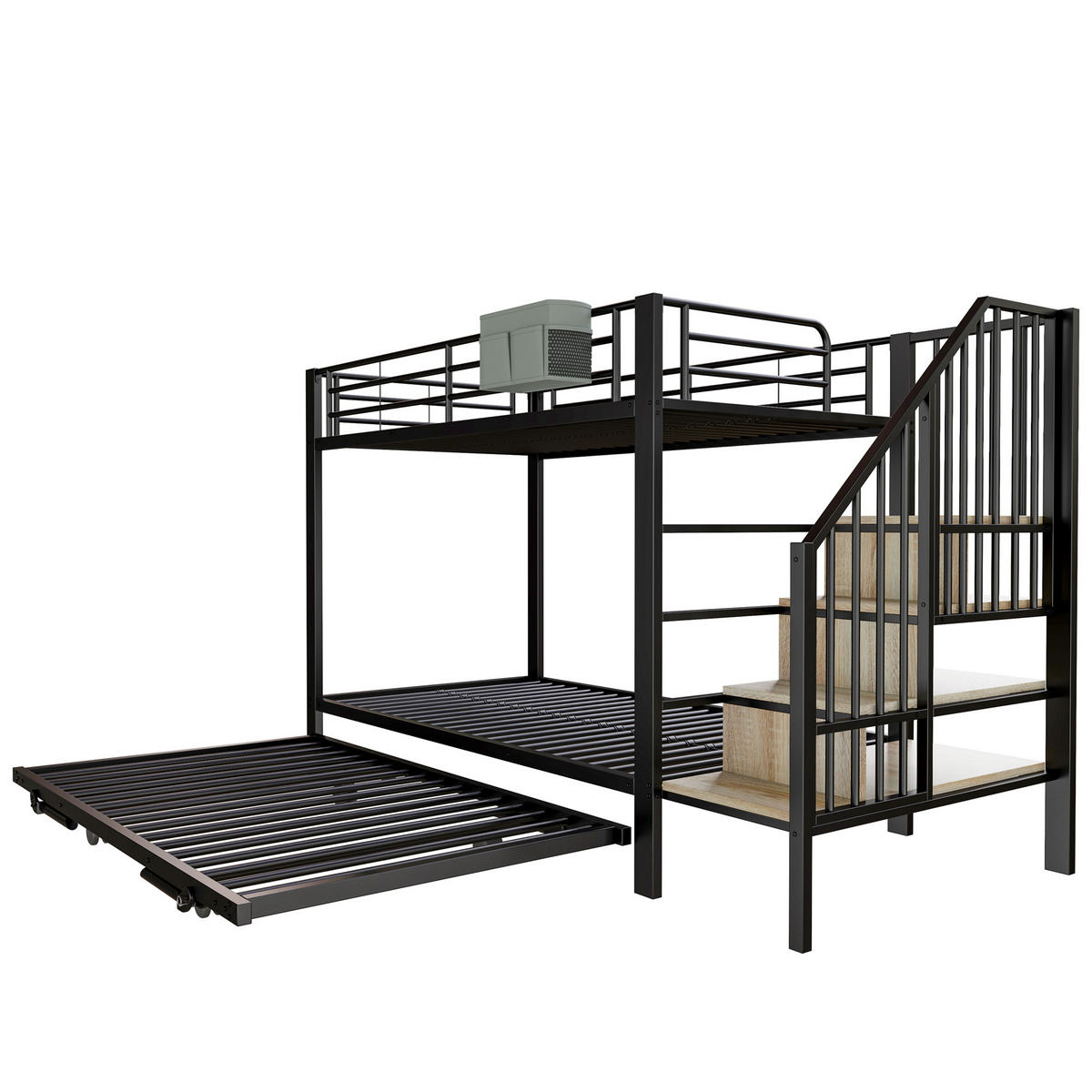 ETAGENBETT 90/200 cm aus Metall mit Ausziehbett und Stauraum in Schwarz - Schwarz, Metall - BEAOK