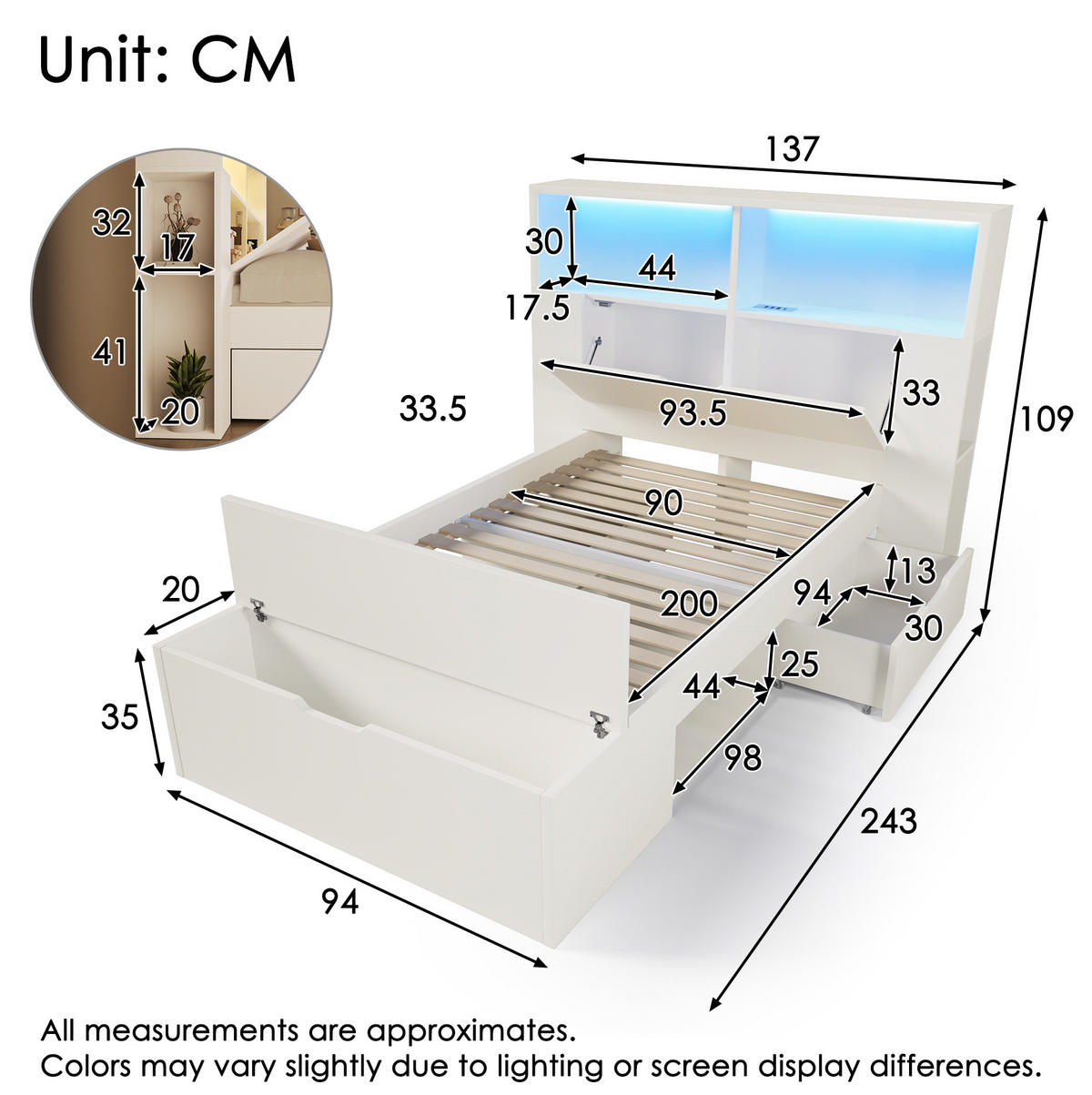 KINDERBETT 90/200 cm in Weiß mit LED, USB-Anschlüssen und Stauraum - Weiß, Holzwerkstoff (90/200cm) - BEAOK
