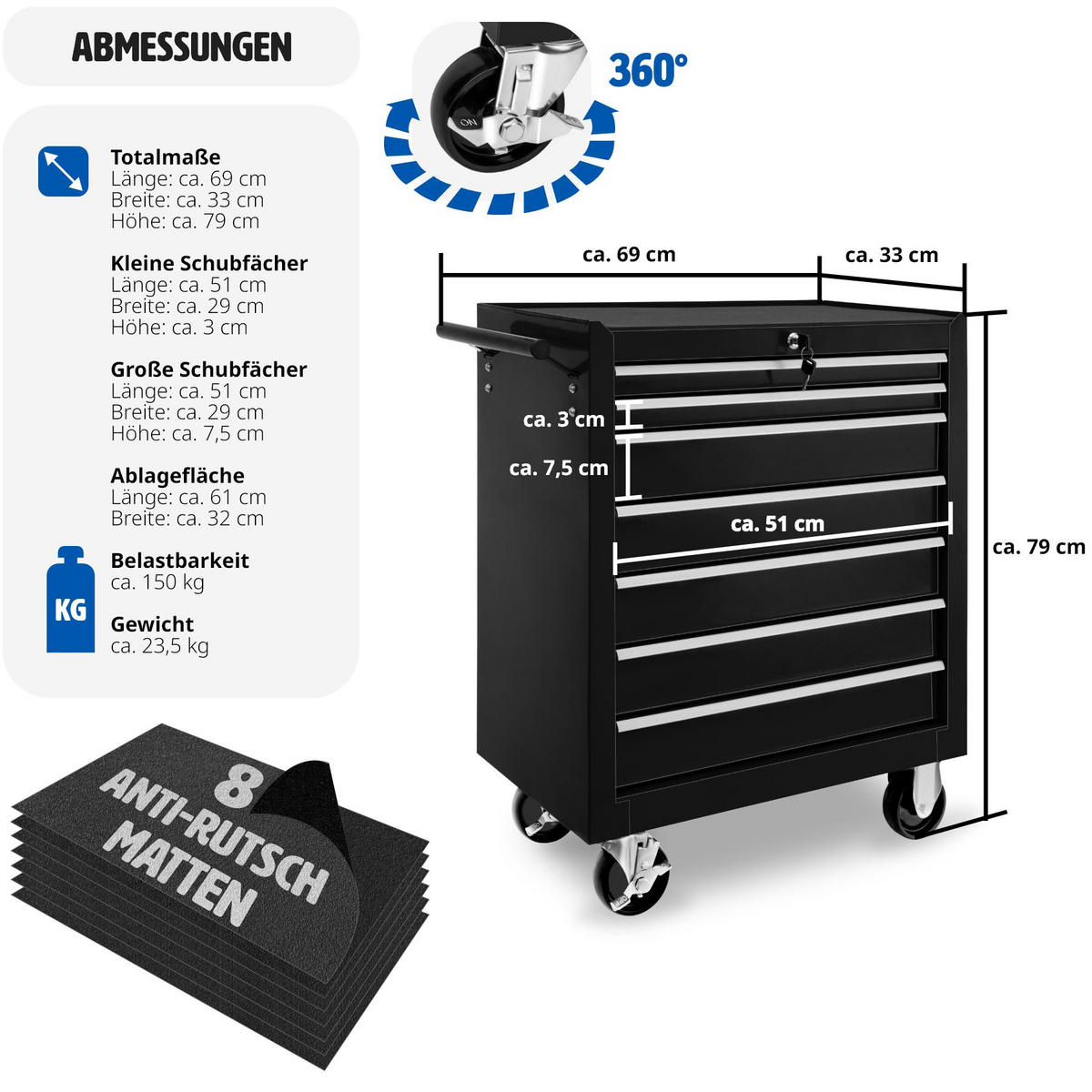 WERKZEUGWAGEN ,Rollen Ø 100 mm,schwarz - Schwarz, Metall (33/79/69cm) - tectake