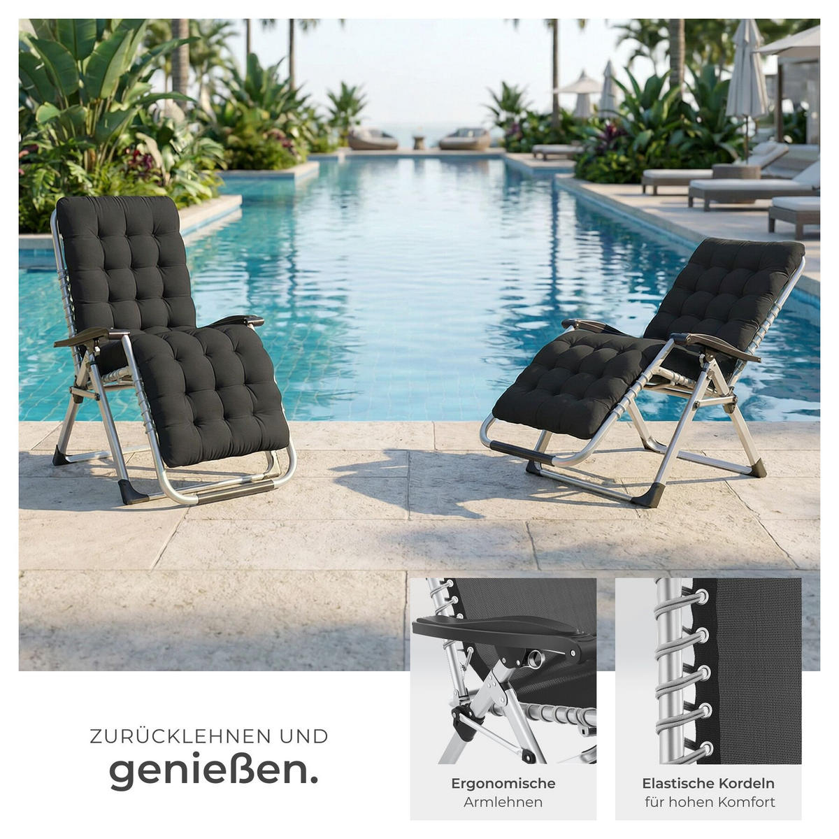SONNENLIEGE 2er Set Cloud, 84 x 168 x 82,5 cm, mit Ablagetisch, schwarz - Schwarz, Kunststoff (84/103/113cm) - tectake