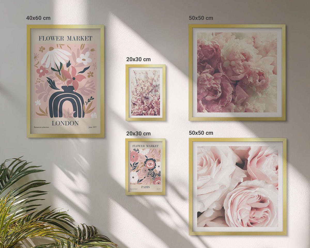 BILDER SET 5er Set - 50x50 cm & 20x30 cm & 40x60 cm Goldrahmen - Blumenmuster aus europäischen Städten - Goldfarben, Kunststoff (40/60cm) - TULUP