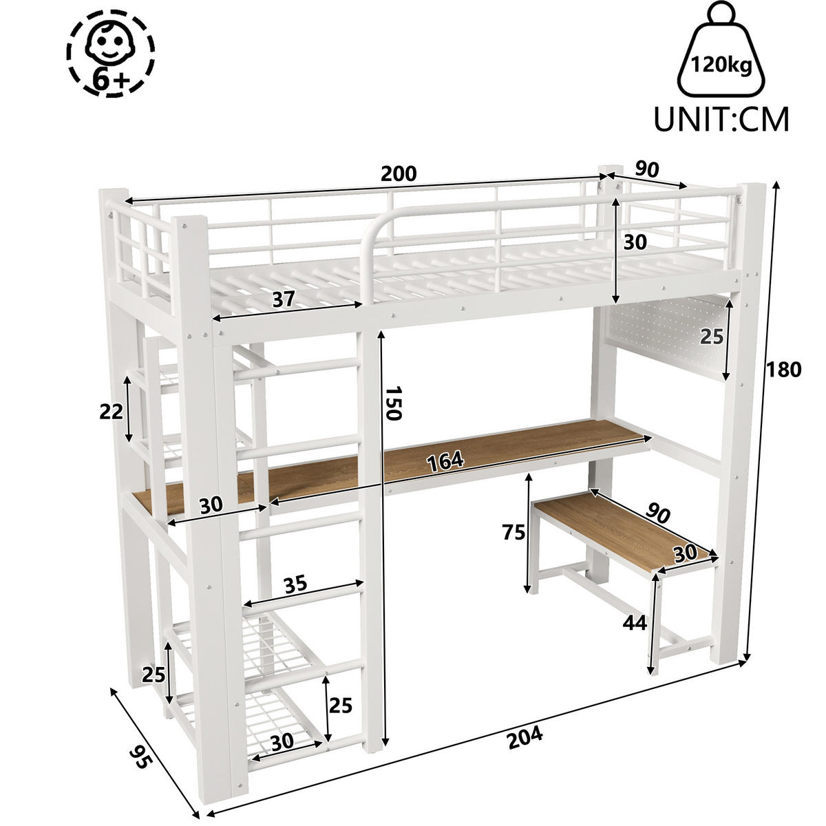 HOCHBETT 90/200 cm in Weiß Metall mit LED, Schreibtisch, Stauraum - Weiß, Holzwerkstoff/Metall (90/200cm) - WISHDOR