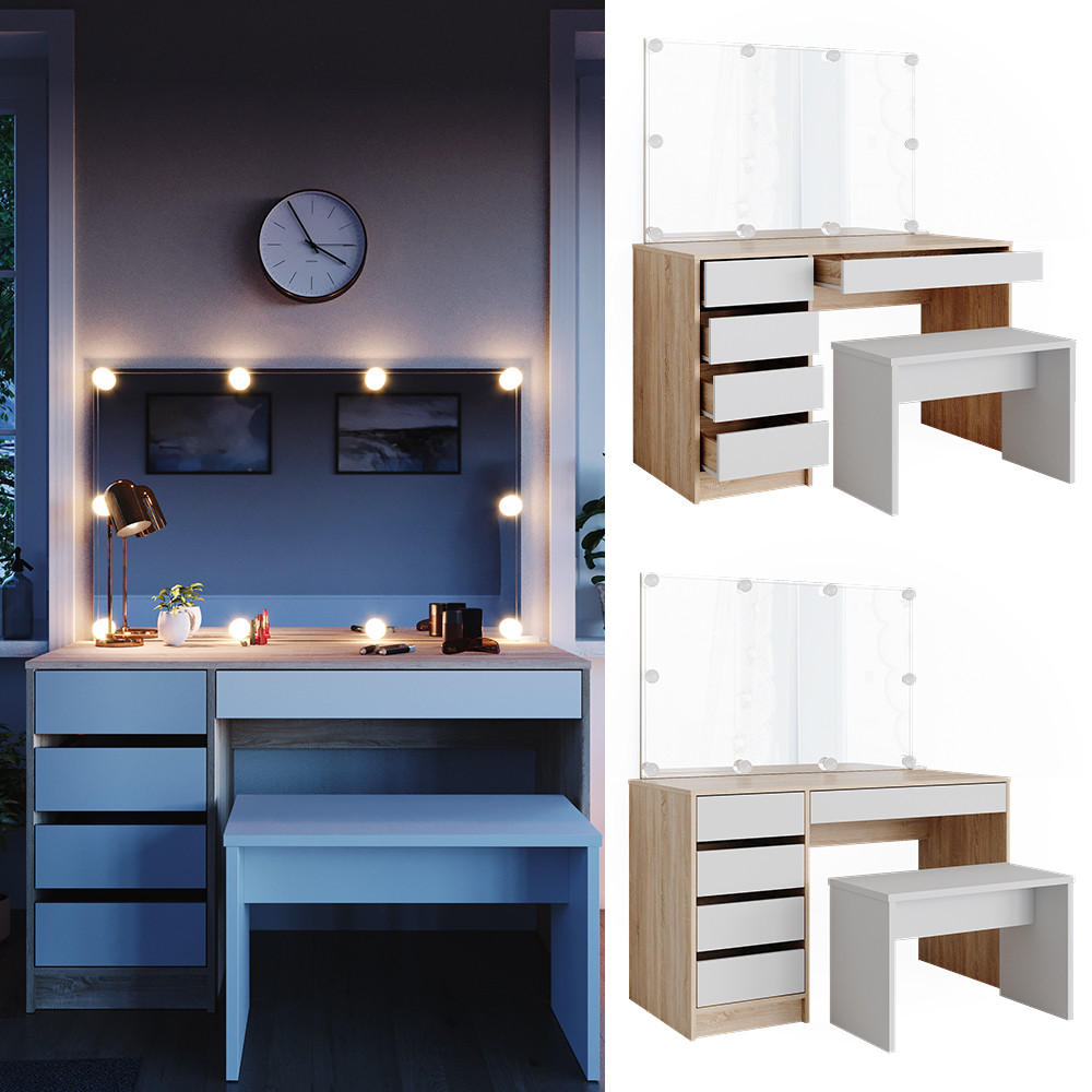 SCHMINKTISCH Sherry Weiß/Sonoma 120 cm mit LED Beleuchtung und Bank - Weiß/Sonoma Eiche, Holzwerkstoff (55/75/120cm) - Vicco