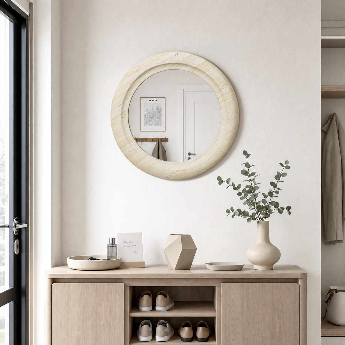 WANDSPIEGEL rund mit Holzrahmen Ø 52 cm - Beige, Glas/Holz (52/3/52cm)