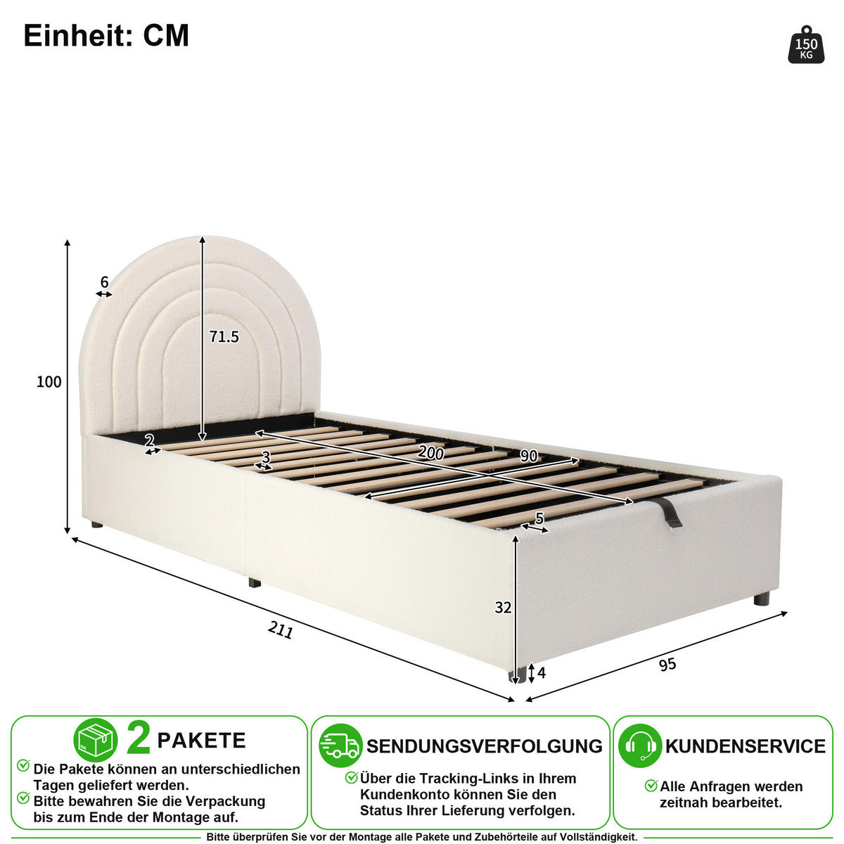 POLSTERBETT 90/200 cm in Beige mit Stauraum, Kopfteil und Bouclé - Beige, Holzwerkstoff/Textil (90/200cm) - CHICFURN