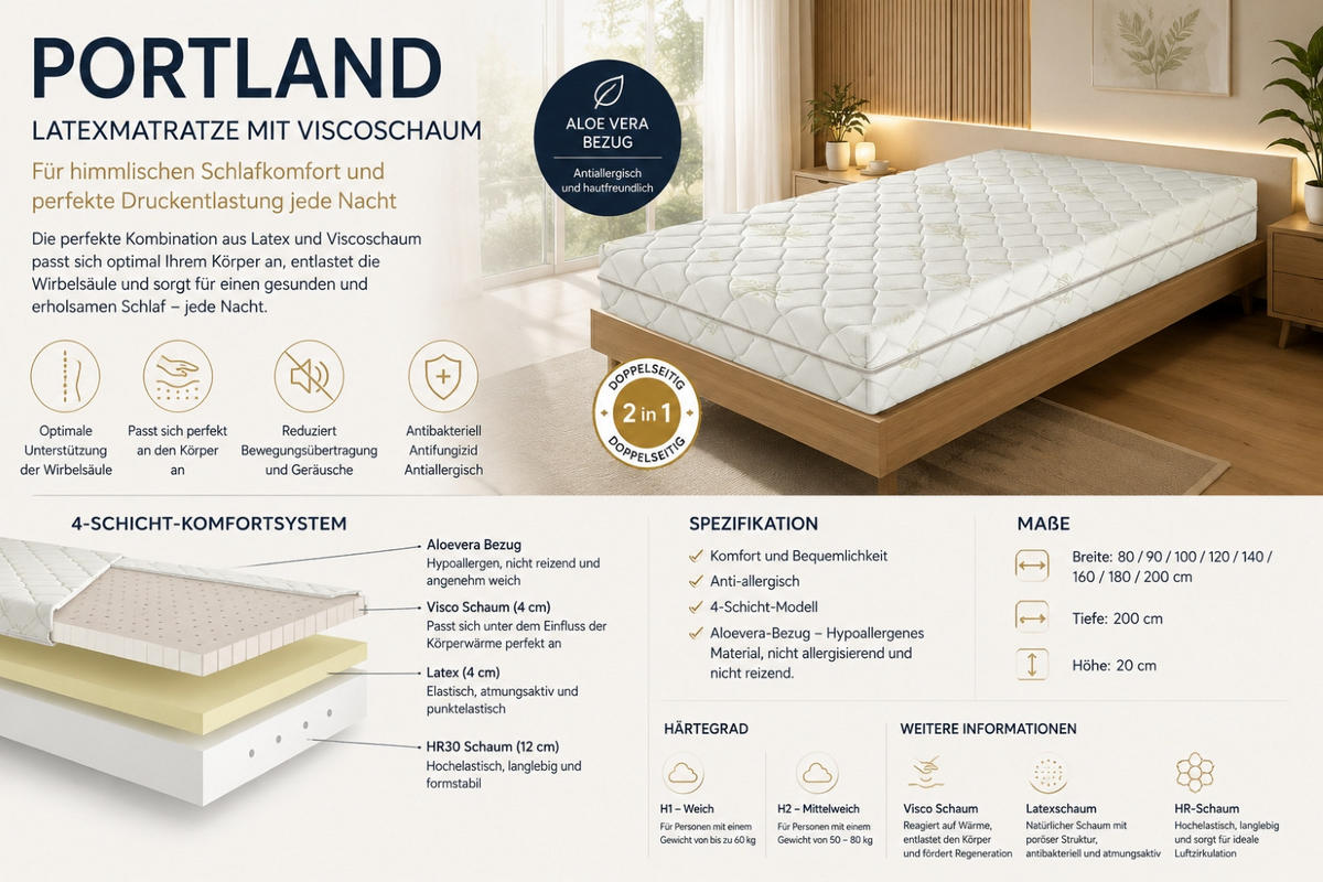 LATEXMATRATZE Mit Visco-Schaum 90x200cm, PORTLAND - Weiß, Textil (90/200cm) - Kaiser Möbel