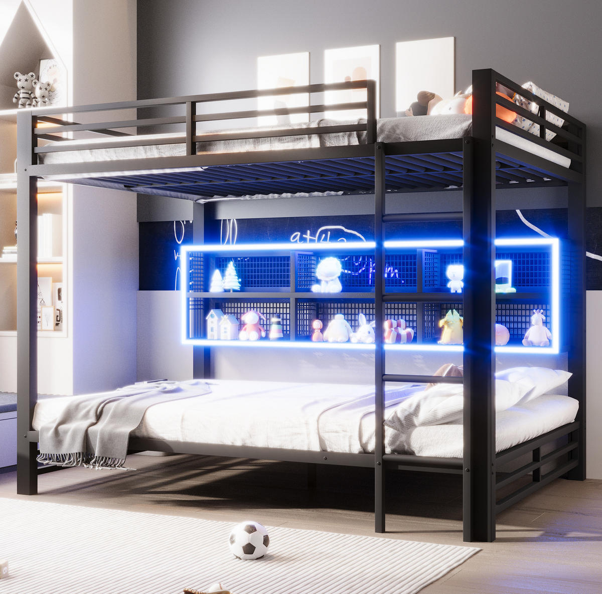 ETAGENBETT aus Metall 140x200 cm Schwarz mit 6 Stauraumschränken, Schutzgittern und LED-Beleuchtung - Schwarz, Metall (140/200cm) - Modfu