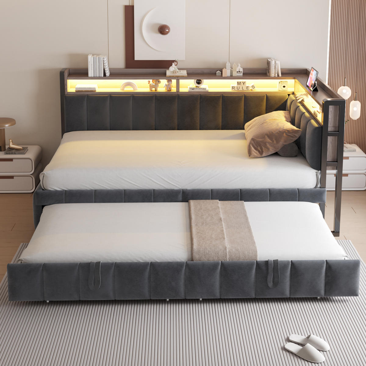 SCHLAFSOFA 90x200cm mit Ausziehbett, LED, USB-C, Dunkelgrau - Grau, Textil (90/200cm) - FLIEKS