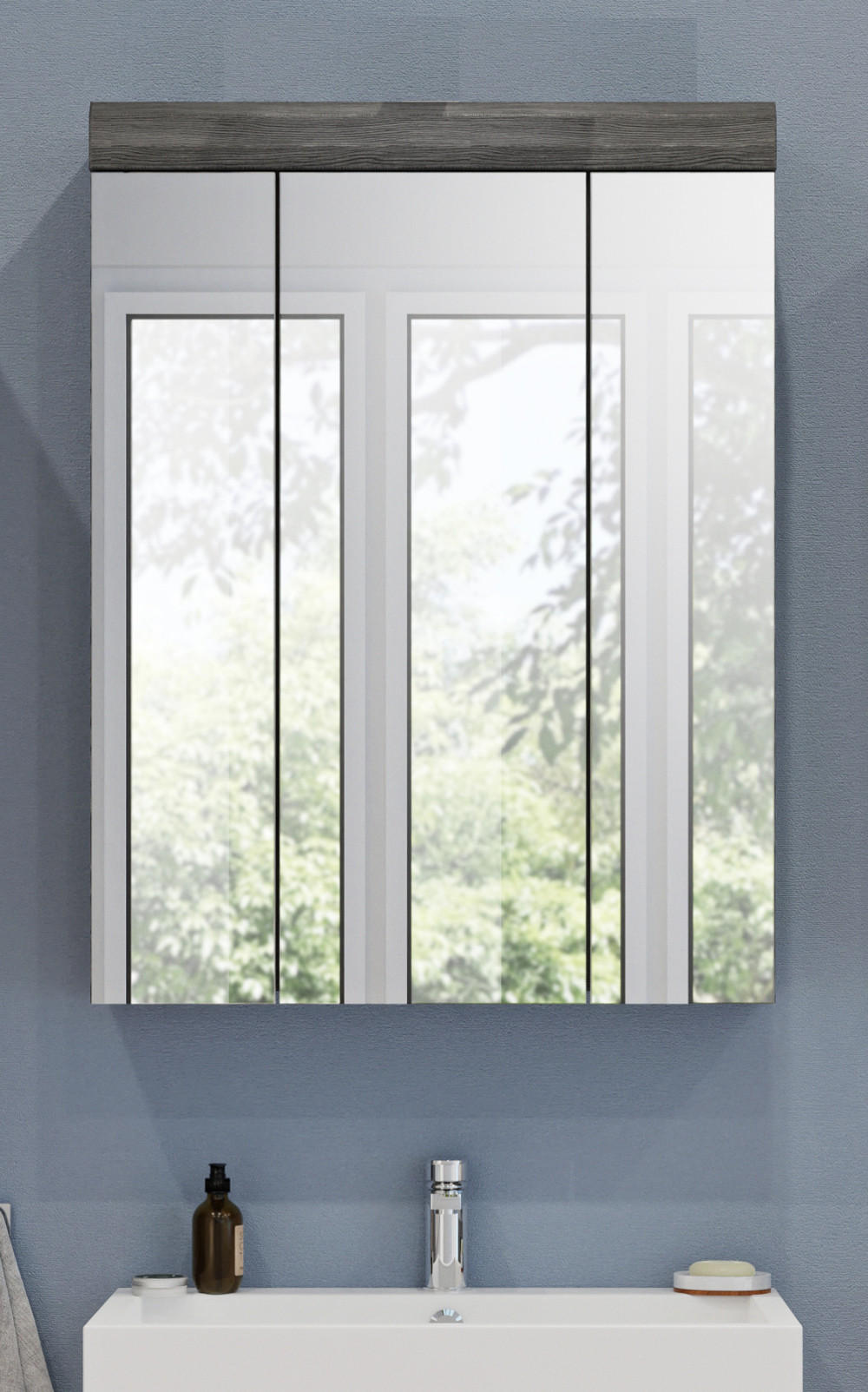 SPIEGELSCHRANK grau 60 x 79 cm, Badschrank 3-türig mit Spiegeltüren - Grau, Glas/Holzwerkstoff (60/79/18cm) - Inn.Furn