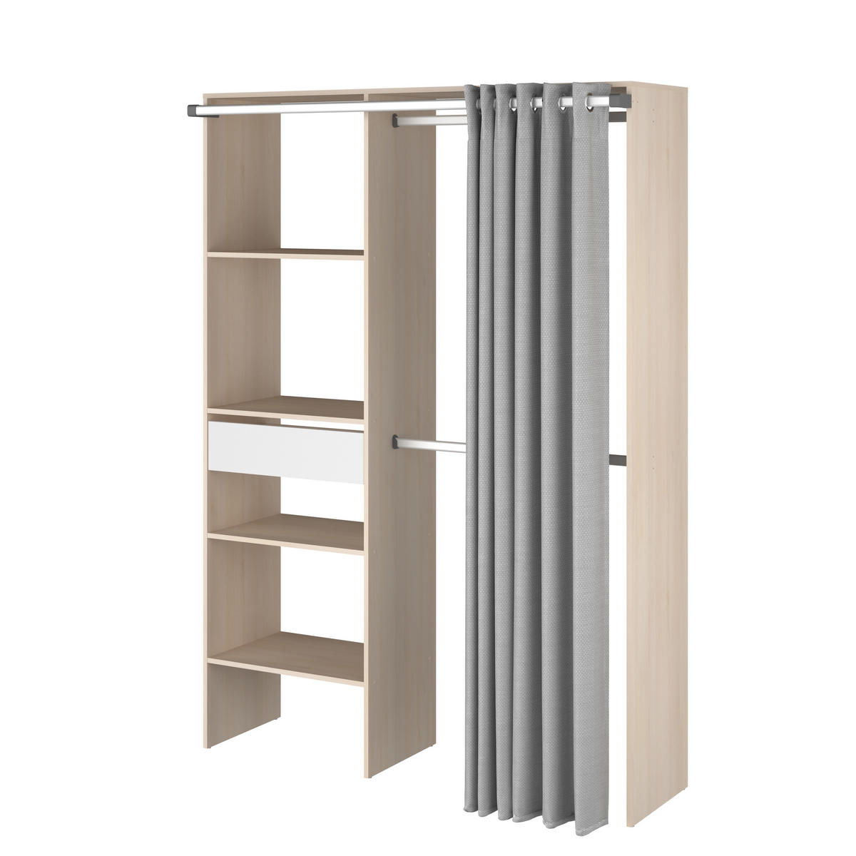 KLEIDERSCHRANK Bari 2 in Akazie 143 × 182 × 48 cm (B×H×T) von Parisot mit grauem Vorhang - Braun, Holzwerkstoff (143/182/48cm)