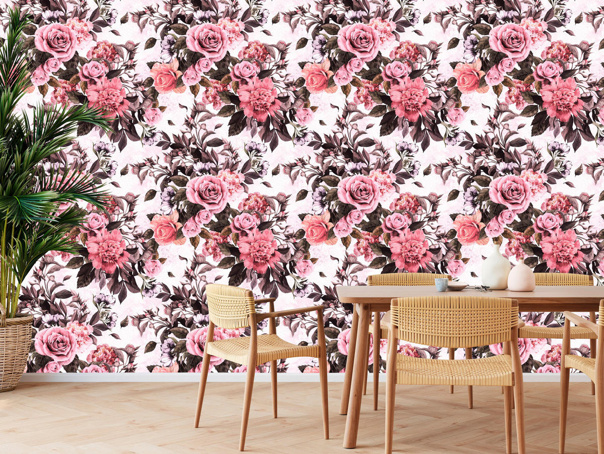VLIESTAPETE Vintage-Rosen und Pfingstrosen – Rosa, Schwarz, Weiß – 50x1000 cm - Schwarz/Rosa, Papier (50/1000cm) - Muralo