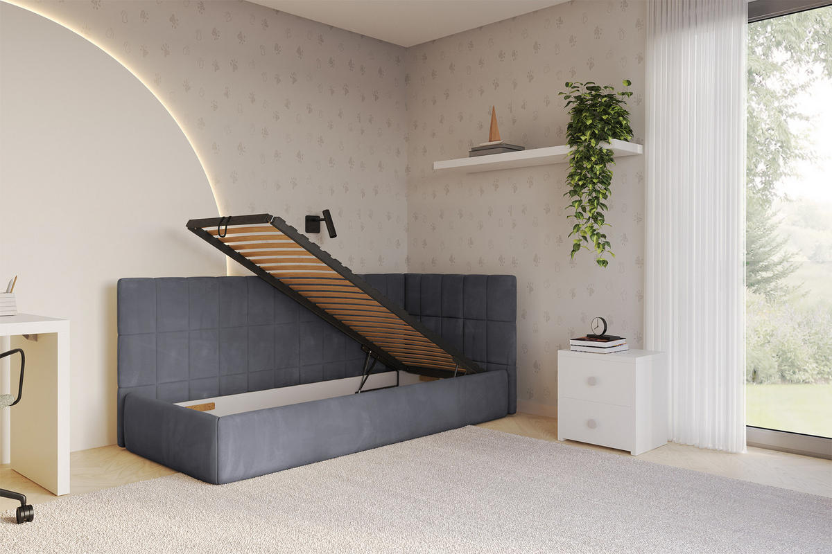 EINZELLBETT Jugendbett mit Bettkasten, Links - TULY 90x200 Dunkelgrau - Dunkelgrau, Holzwerkstoff/Textil (90/200cm) - ALTDECOR