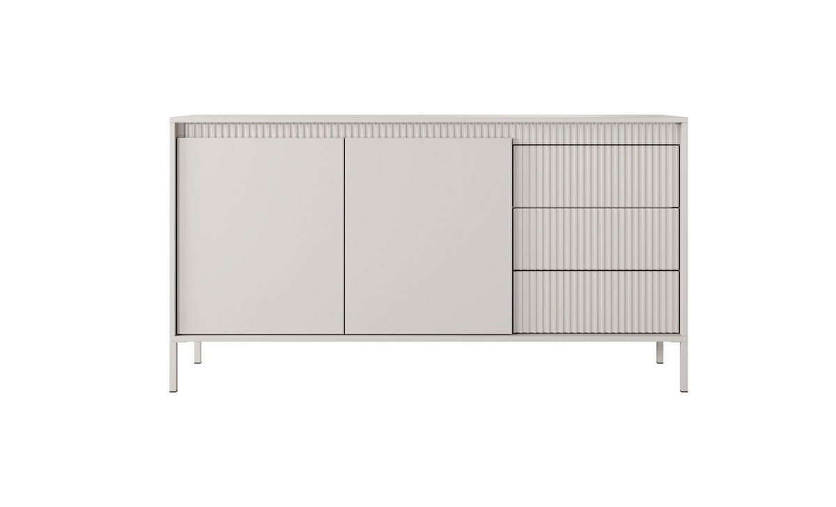 ​KOMMODE SENSO 2D3S Sideboard mit Geriffelten MDF-Fronten, Push-to-Open, Metallfüßen, 153,5x81,4x39,5 cm - Beige - Beige/Creme, Holz/Holzwerkstoff (154/82/40cm) - DomoHome