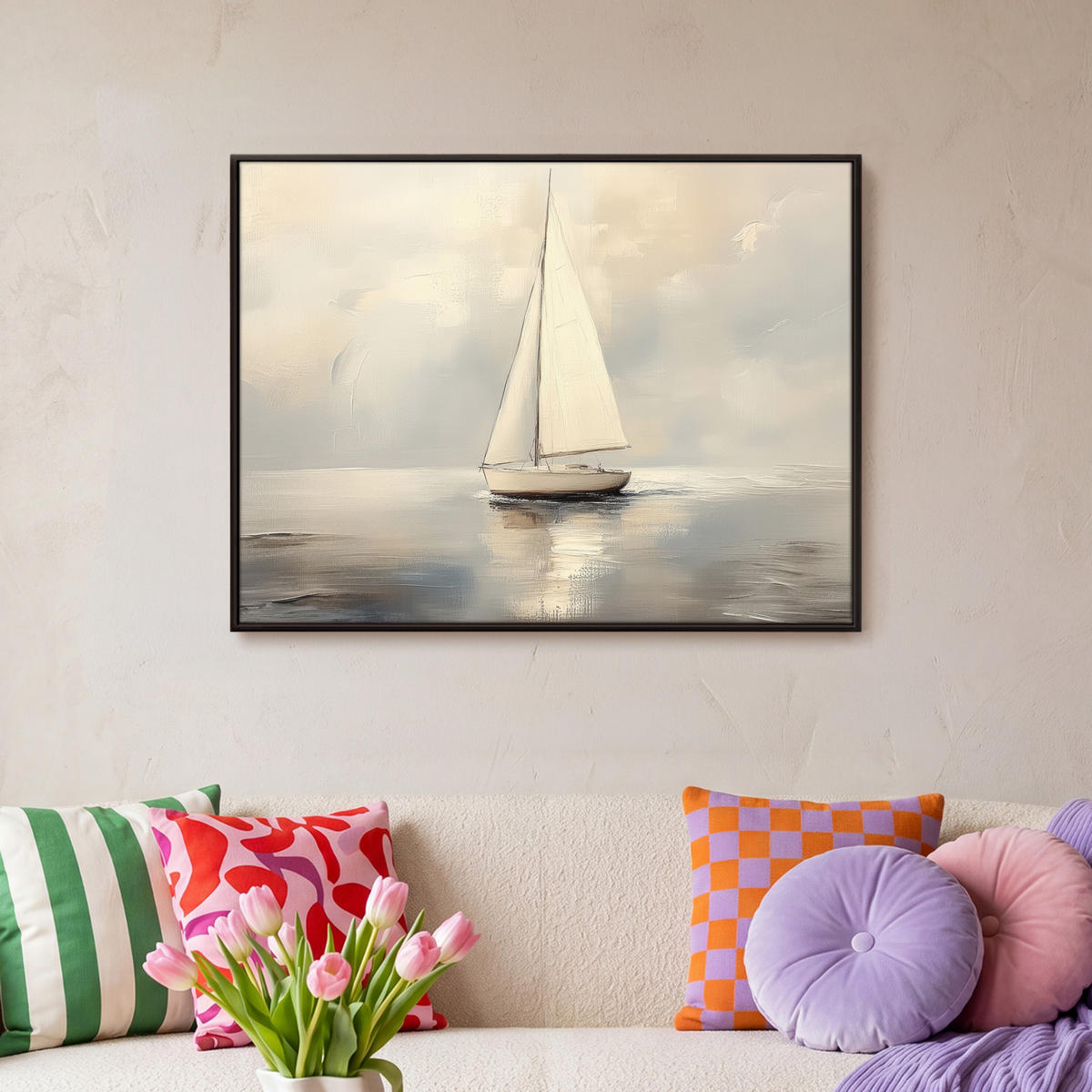 LEINWAND Bilder mit Rahmen - Segelschiff - Meer - Bewölkt - 80x60 - Creme, Textil (80/60cm) - MuchoWow