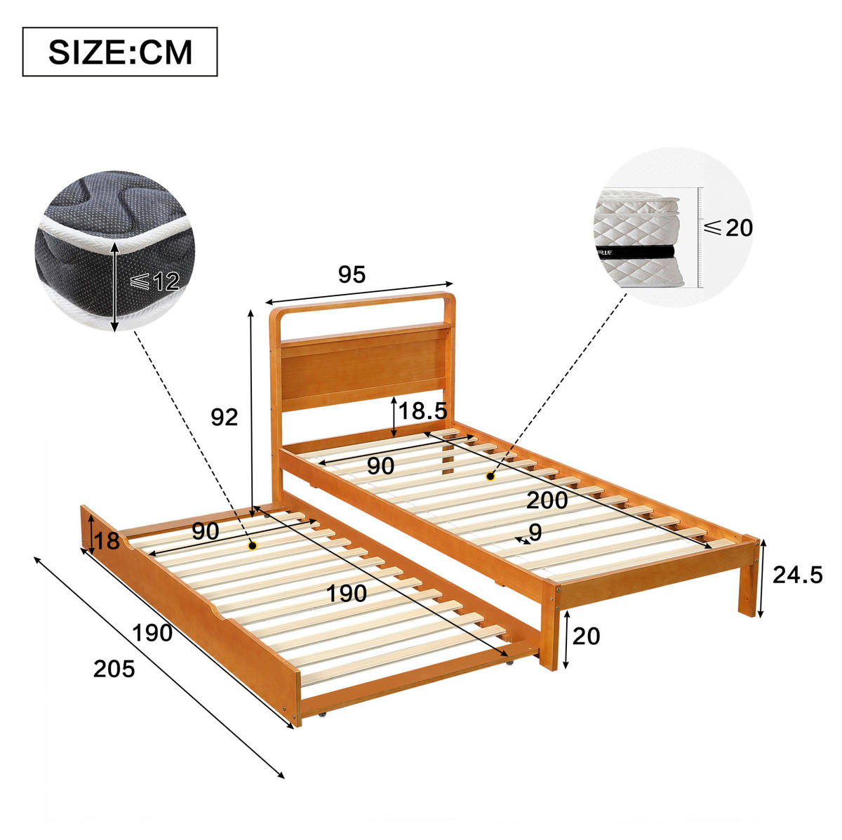 FUNKTIONSBETT aus Kiefer 90x200 cm Natur mit Ausziehbett 90x190 cm - Naturfarben, Holz (90/200cm) - IVMEU