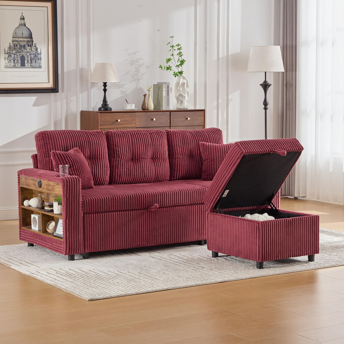 ECKSCHLAFSOFA 196/144/85 cm Weinrot mit Stauraum, USB-C, Ambientebeleuchtung und Getränkehaltern - Weinrot, Textil (196/82cm) - Oxeza
