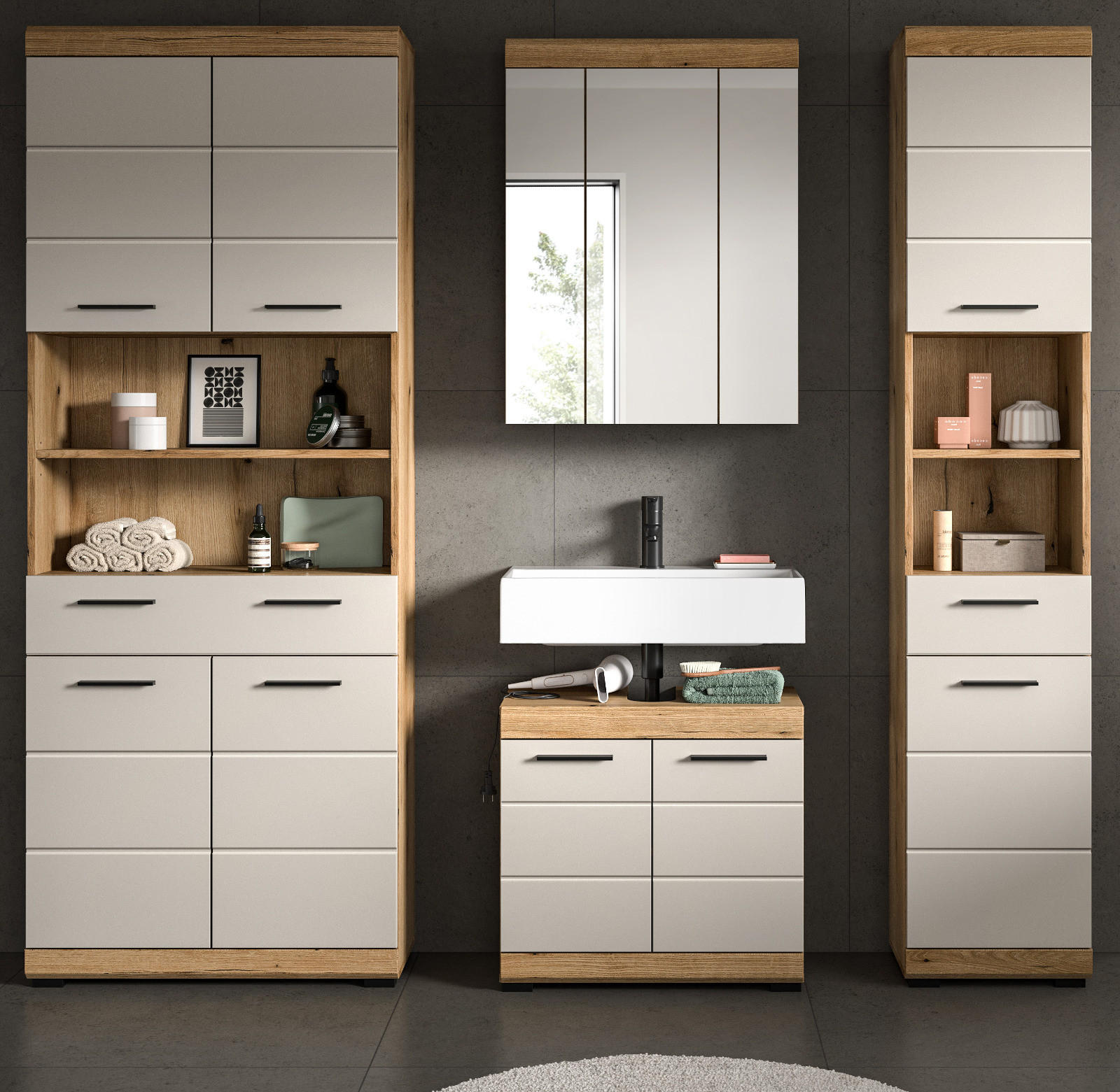 Thumbnail - Inn.Furn Badmöbel-Set, Eiche, Kaschmir, Kunststoff, Nachbildung,Eiche, Uni, 13 Fächer, 2 Schubladen, 201x191x34 cm, FSC ...