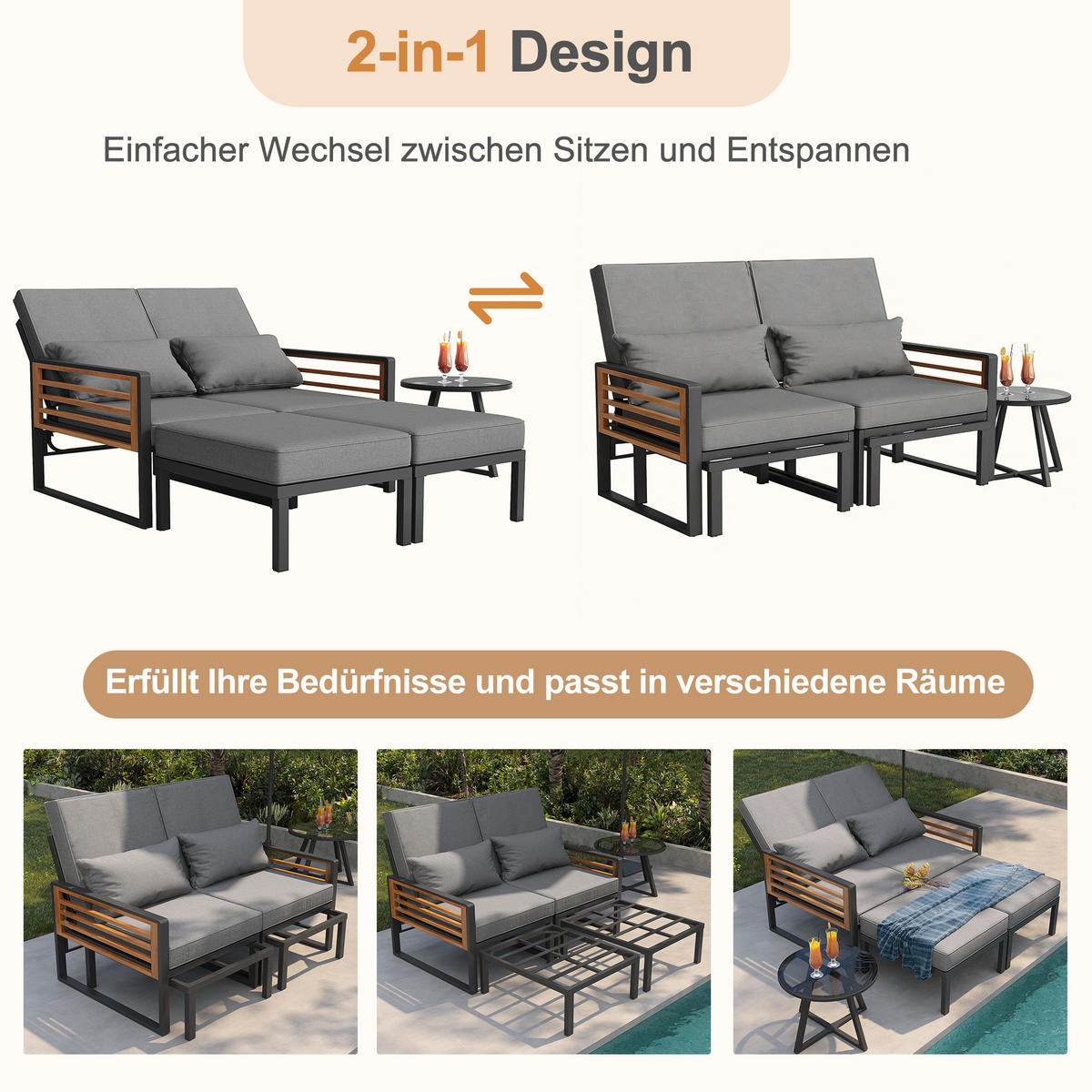 DOPPELLIEGE 2-4 Personen Mit Verstellbarer Rückenlehne Inkl. Kissen - Grau, Metall - FLIEKS