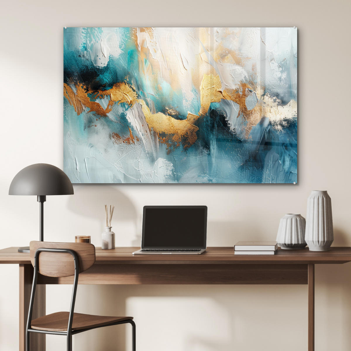 ACRYLGLASBILD Abstrakt - Kunst - Gold - Blau 90x60 cm - Petrol, Glas (90/60cm) - MuchoWow