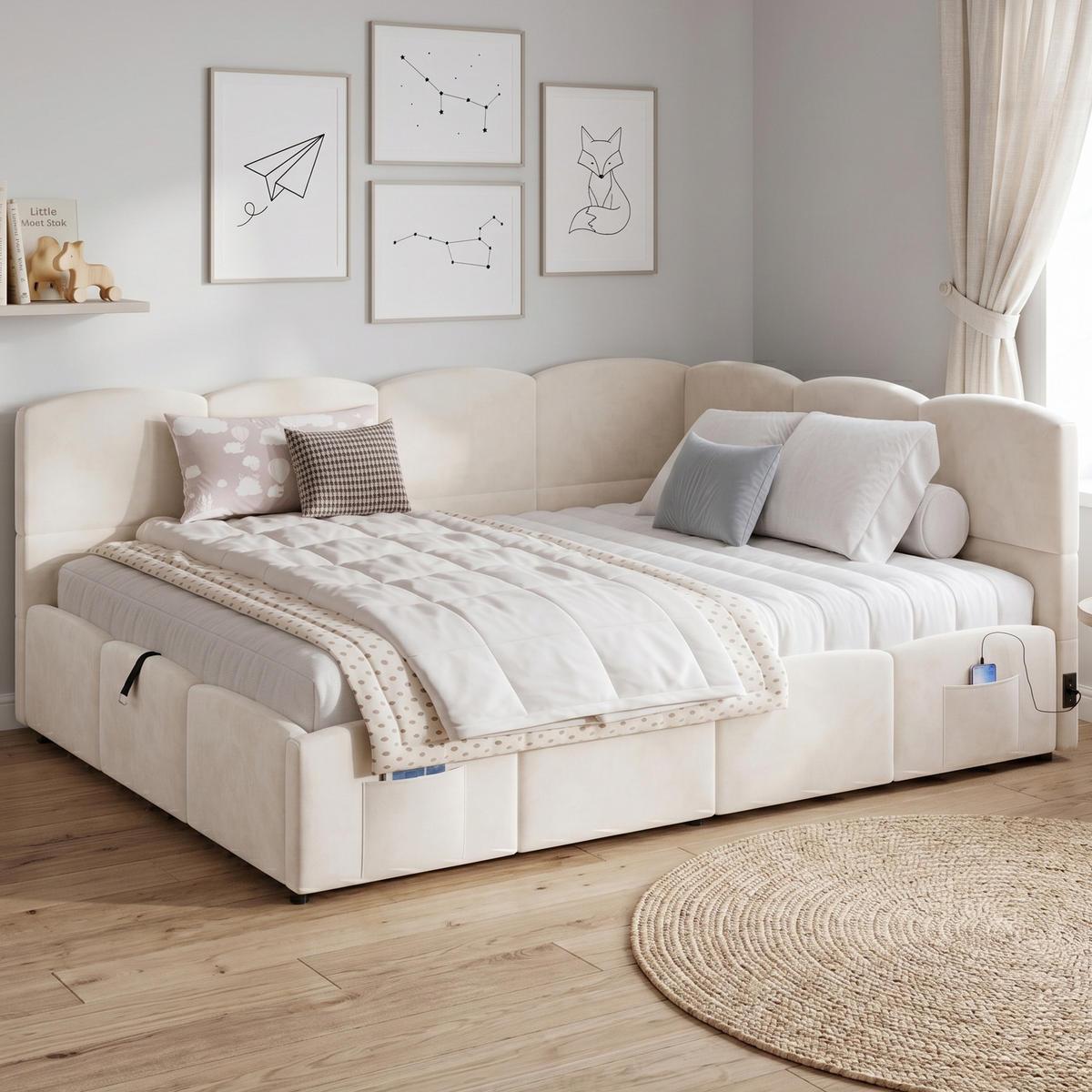 KINDERBETT Beige Samt 140x200 USB Stauraum Lattenrost - Beige, Textil (140/200cm) - FLIEKS