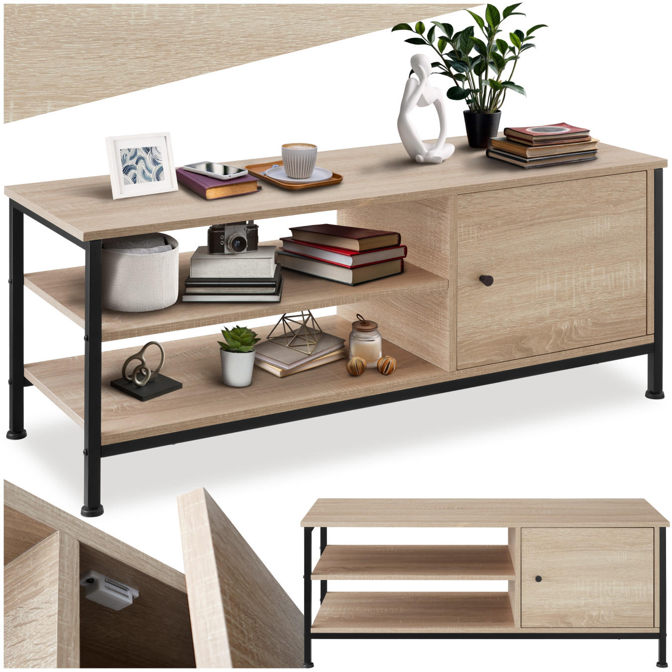 TV-REGAL Durban,110 x 40 x 45,5 cm,Industrial Holz hell, Eiche Sonoma - Naturfarben, Holzwerkstoff (40/45.5/110cm) - tectake