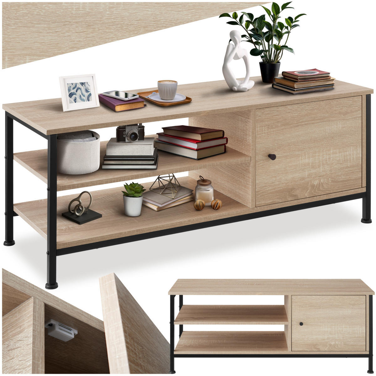 TV-REGAL Durban,110 x 40 x 45,5 cm,Industrial Holz hell, Eiche Sonoma - Naturfarben, Holzwerkstoff (40/45.5/110cm) - tectake