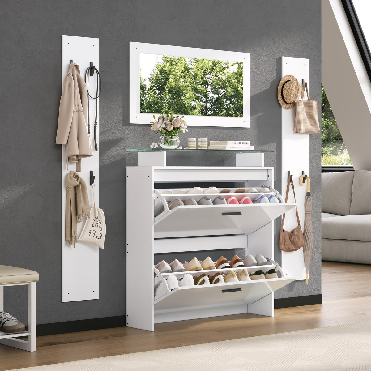 KOMPAKTGARDEROBE Spiegel Hochglanz Schuhschrank 8 Haken - Weiß, Holzwerkstoff (89.5/96.5/23cm) - FLIEKS