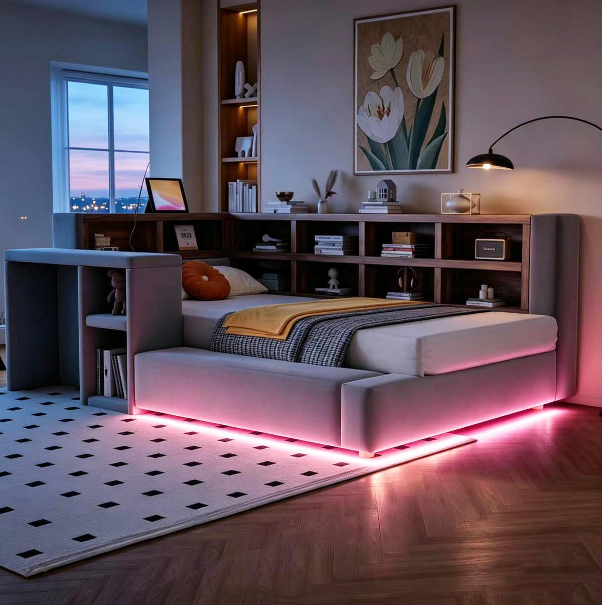 POLSTERBETT 90/200 cm aus Samtstoff mit LED, Dunkelgrau - Dunkelgrau, Textil (90/200cm) - OKMYHOME