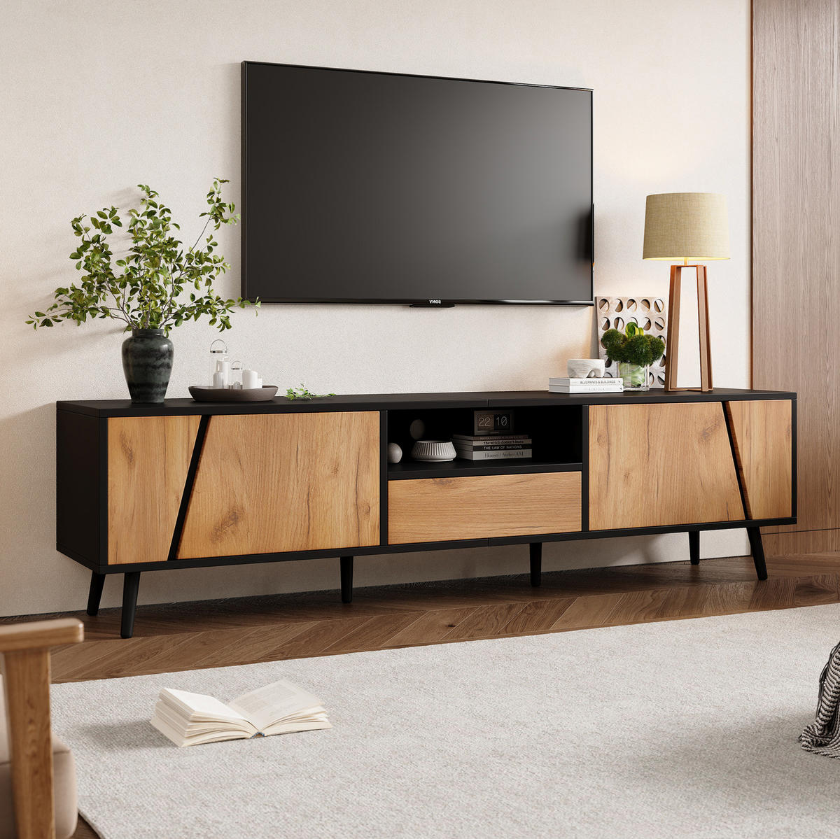 TV-ELEMENT mit 2 Türen und Schublade 180 x 40 x 46 cm Schwarz/Natural - Schwarz, Holzwerkstoff (40/46/180cm) - Beauniv