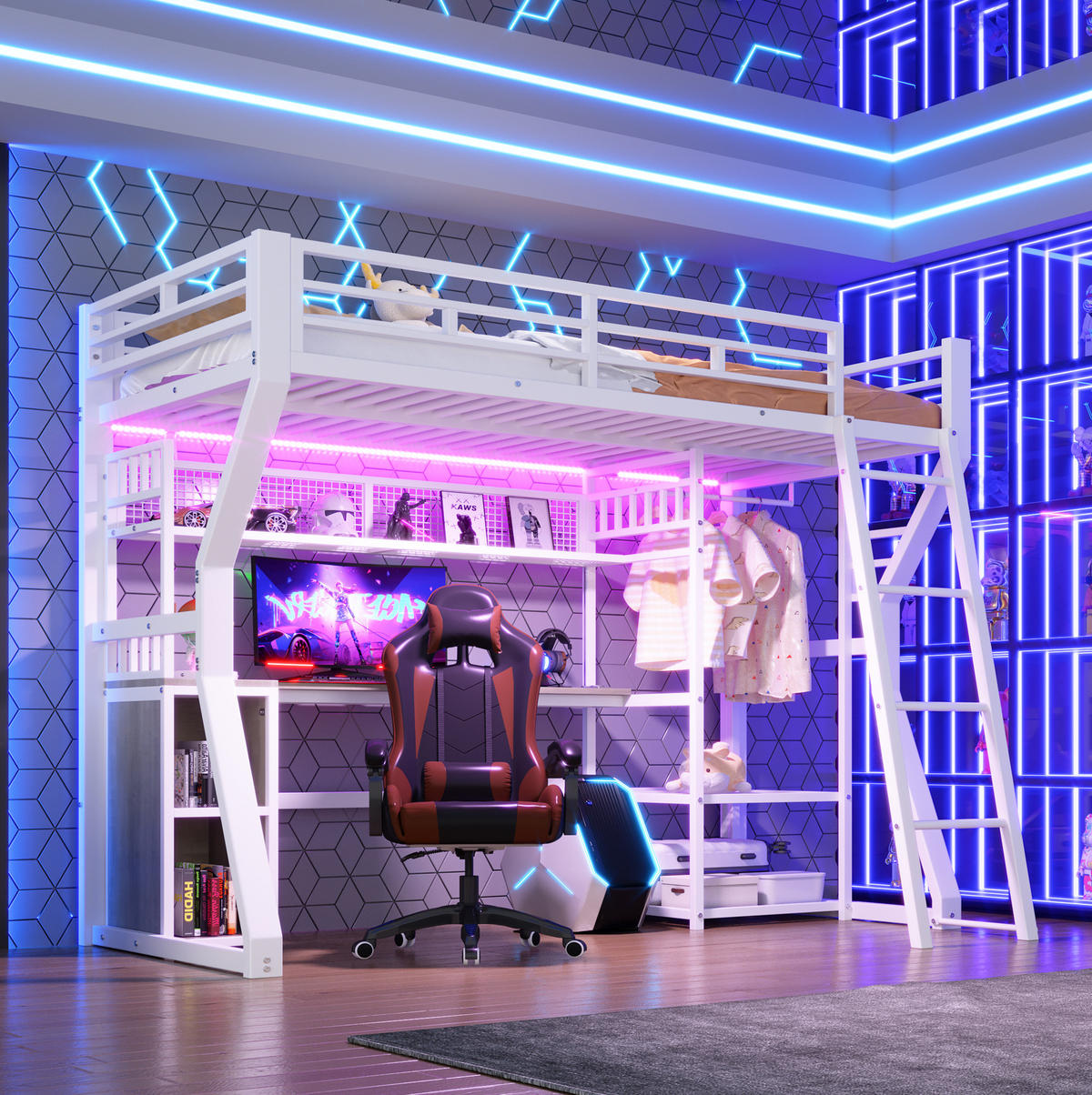 VYSOKÁ posteľ 90/200 cm biela z MDF a kovu s LED osvetlením zásuvkou stolom a úložným priestorom - biela, kompozitné drevo (90/200cm) - OKWISH