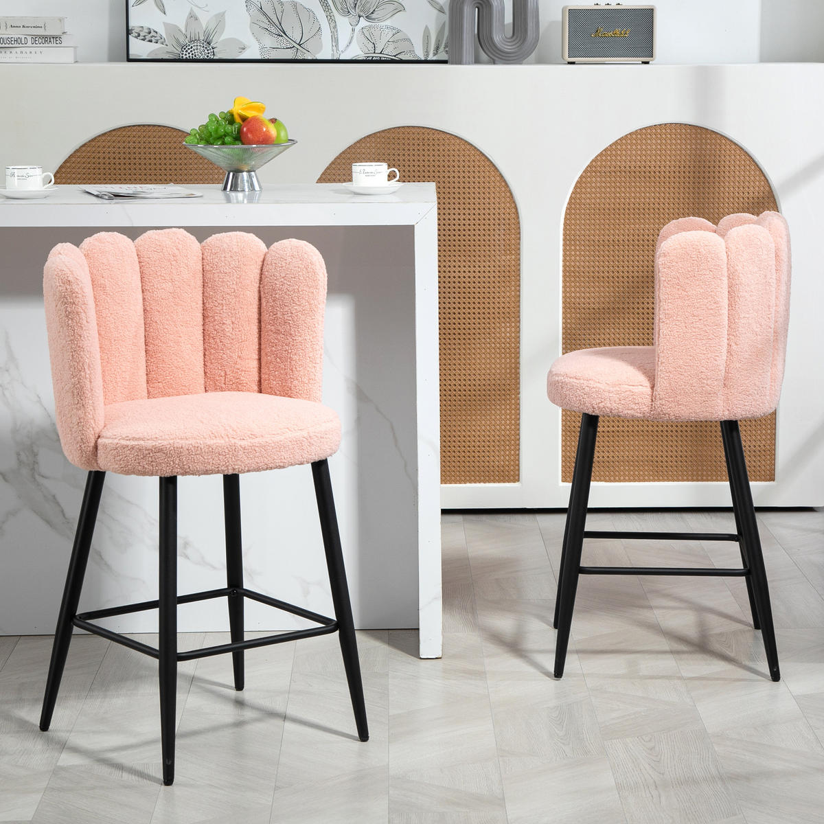 BARHOCKER 2er-Set DE-14780 gepolstert mit Boucle-Bezug & Fußstütze Rosa - Pink, Metall (52/93/53cm) - ComfortXL