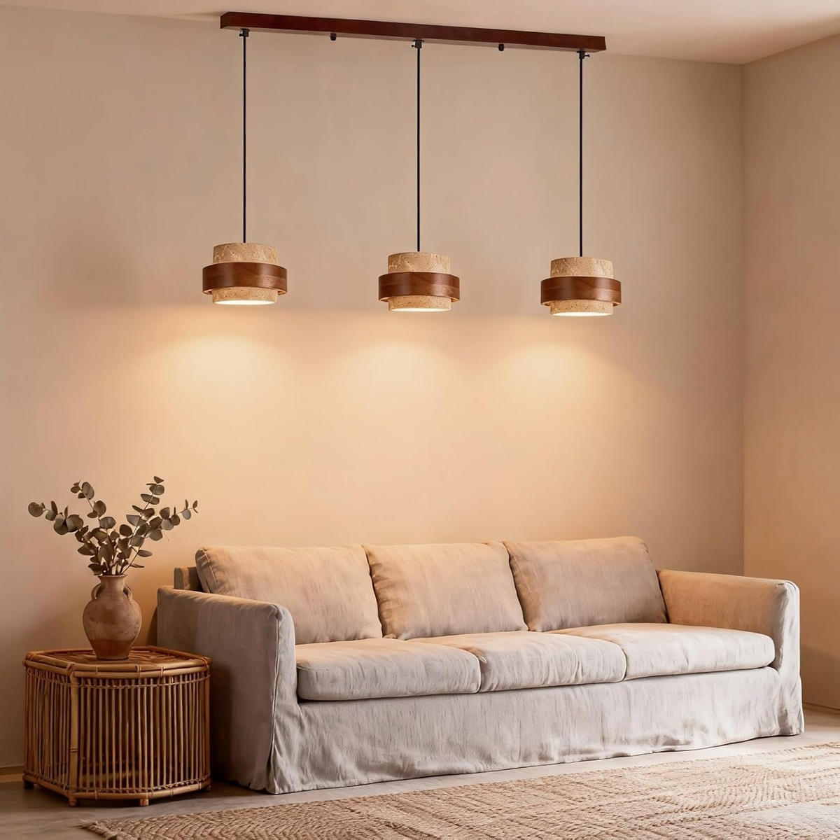 PENDELLEUCHTE Travertin Gelb & Holz, Wabi Sabi Stil - Gelb, Naturmaterialien (170/80/20cm) - Weltevree