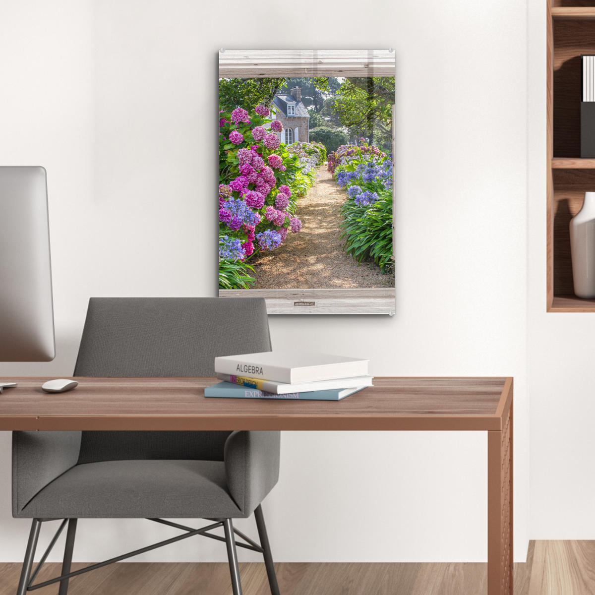 ACRYLGLASBILD Hortensie - Ansicht - Blumen - Sommer - Lila - Weg 40x60 cm - Lila, Glas (40/60cm) - MuchoWow