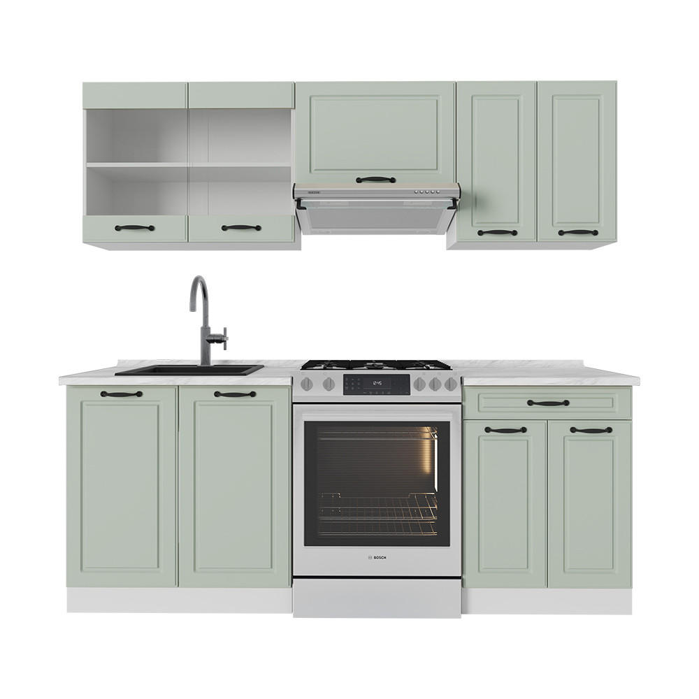 KÜCHENZEILE R-Line, Mint Landhaus/Weiß, 200 cm Arbeitsplatte Marmor - Weiß/Grün, Holzwerkstoff (200/81.6/60cm) - Vicco