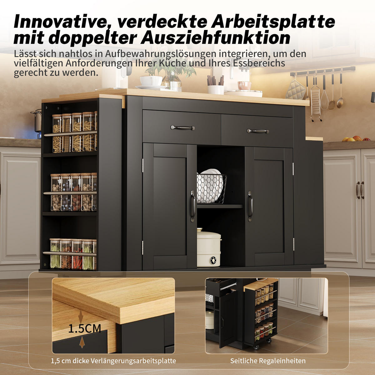KÜCHENINSEL 133.5/60/93 cm Schwarz mit 2 Schubladen, 2 ausziehbaren Arbeitsflächen und 2xUSB-Anschlüsse - Schwarz, Holz/Holzwerkstoff (142/93/55cm) - Oxeza