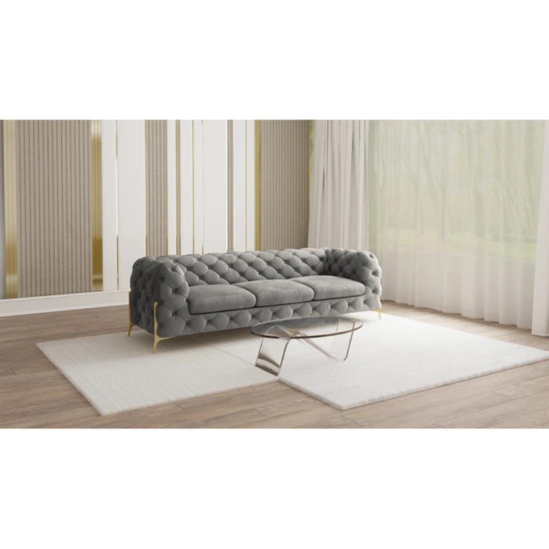 CHESTERFIELD-SOFA 3-Sitzer Lexi Grau Samt - Goldfarben/Grau, Holz/Textil (243/75/100cm) - S-Style Möbel