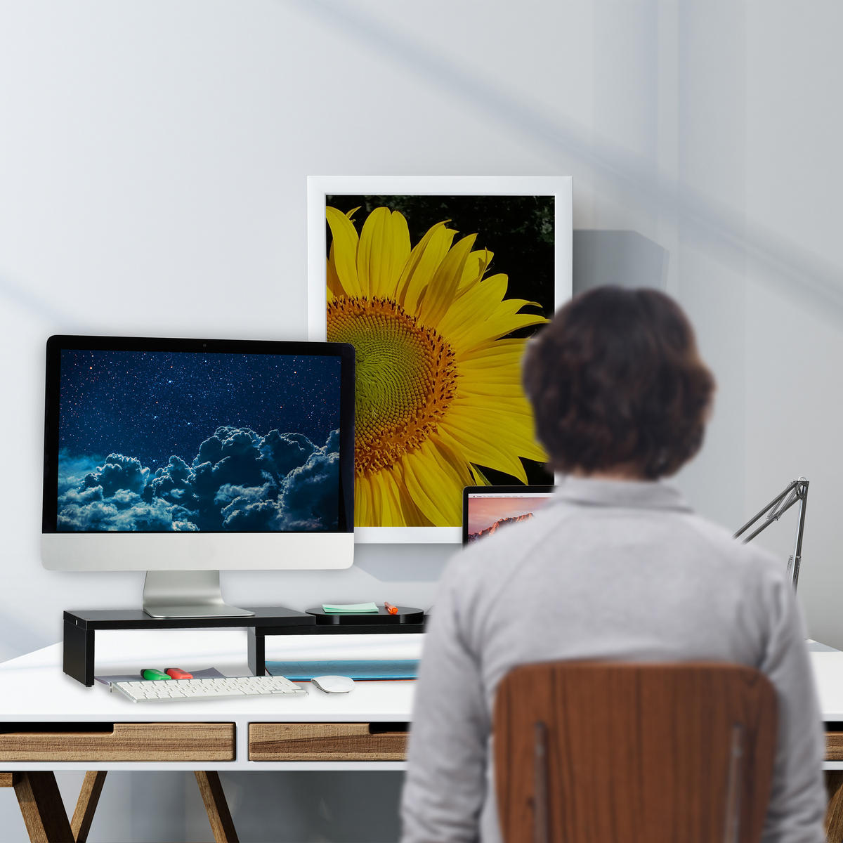 MONITORSTÄNDER Schwarz für 2 Monitore verstellbar MDF 104 cm - Schwarz, Holzwerkstoff (20.5/104/11cm) - Relaxdays