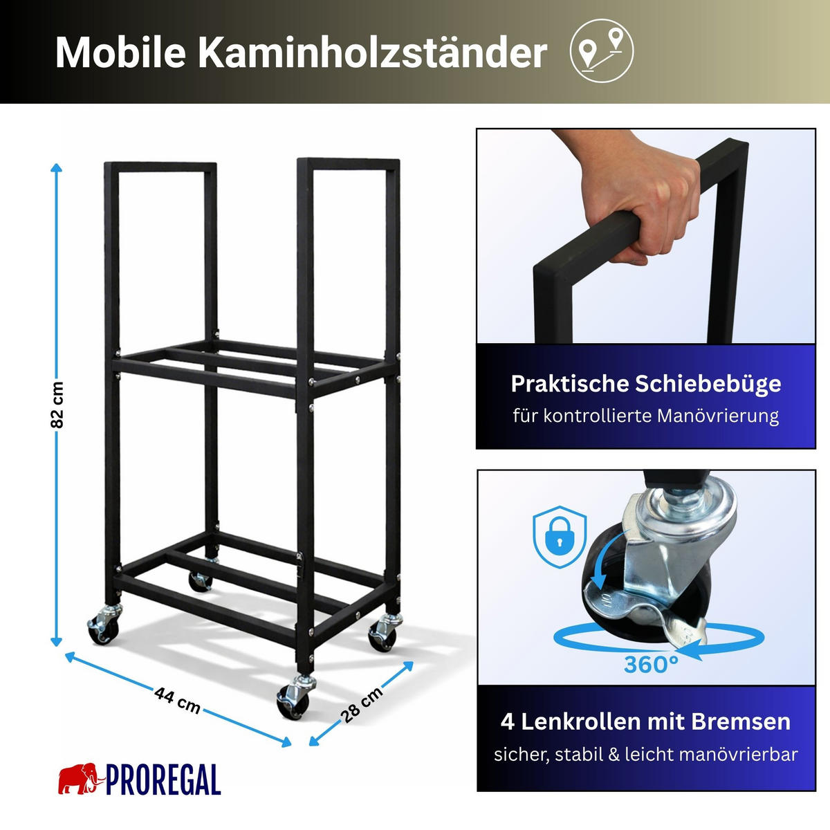 KAMINHOLZREGAL Phoenix innen & außen mit Rollen 82x44x28cm Schwarz - Schwarz, Metall (44/82/28cm) - PROREGAL
