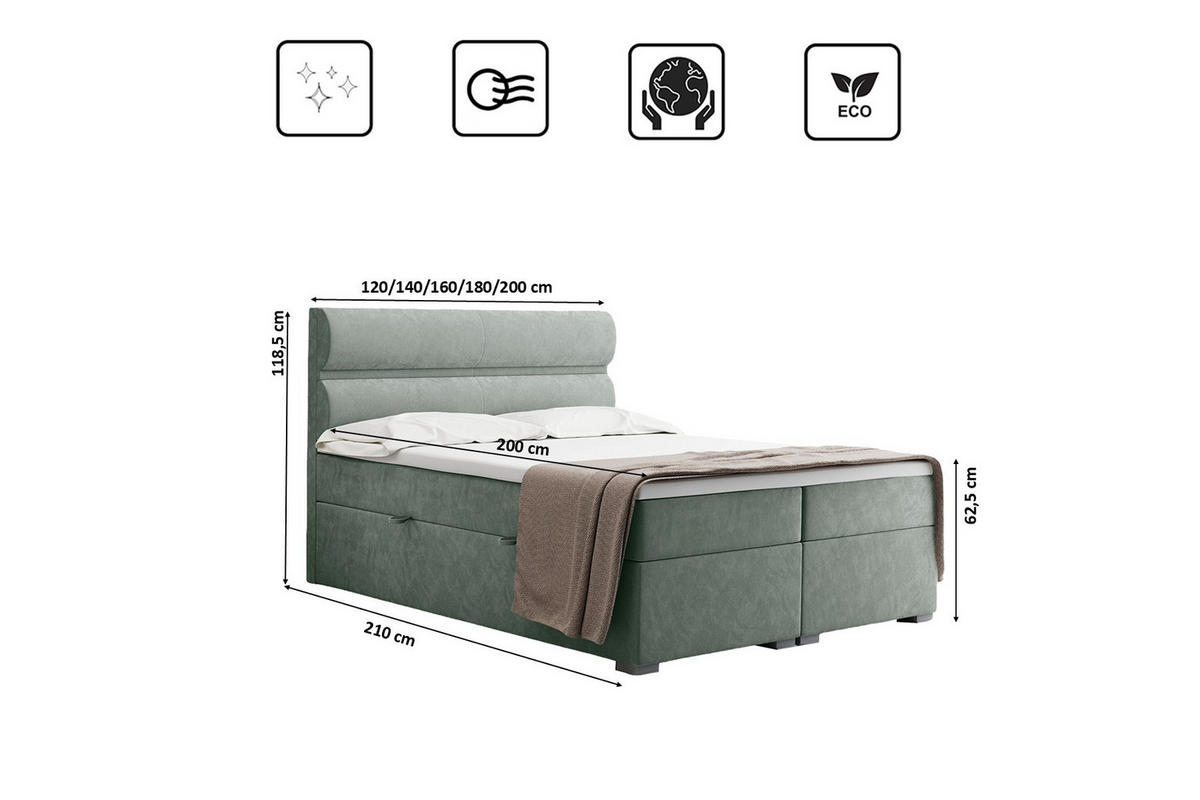 BOXBETT Mit Bettkasten, Matratze Und Topper VERA Stoff Riviera 160x200 cm Mintz H3-Bonell - Mintgrün, Holz/Textil (160/200cm) - Kaiser Möbel