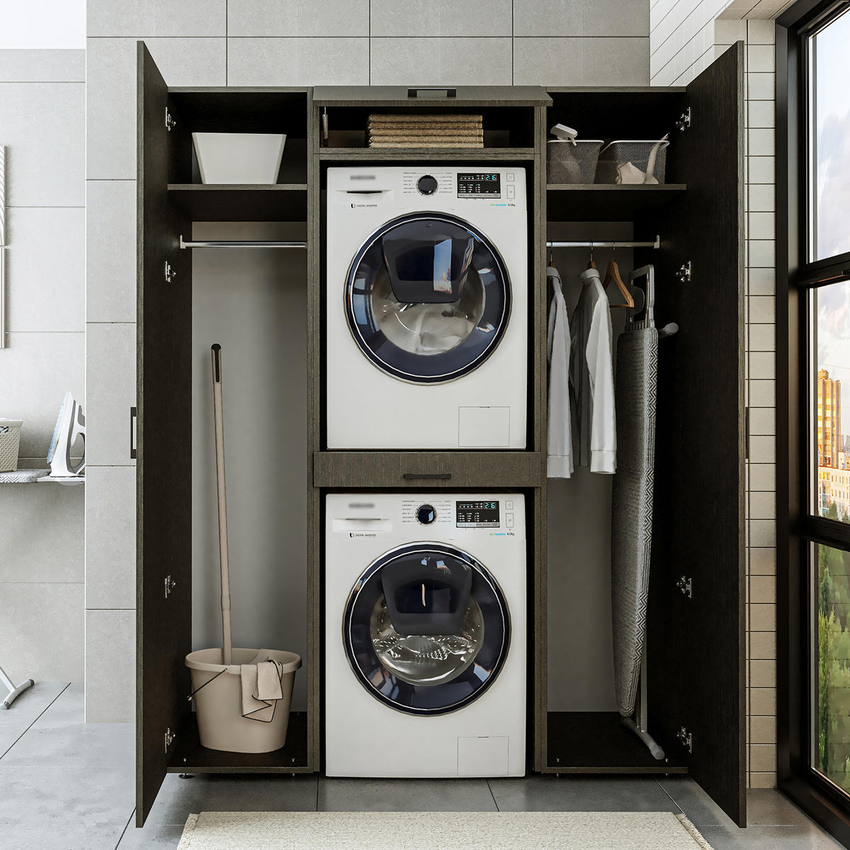 WASCHMASCHINENSCHRANK DUO-I 157cm Breit, 205cm Hoch - Schwarz, Holzwerkstoff (157/205/67cm)