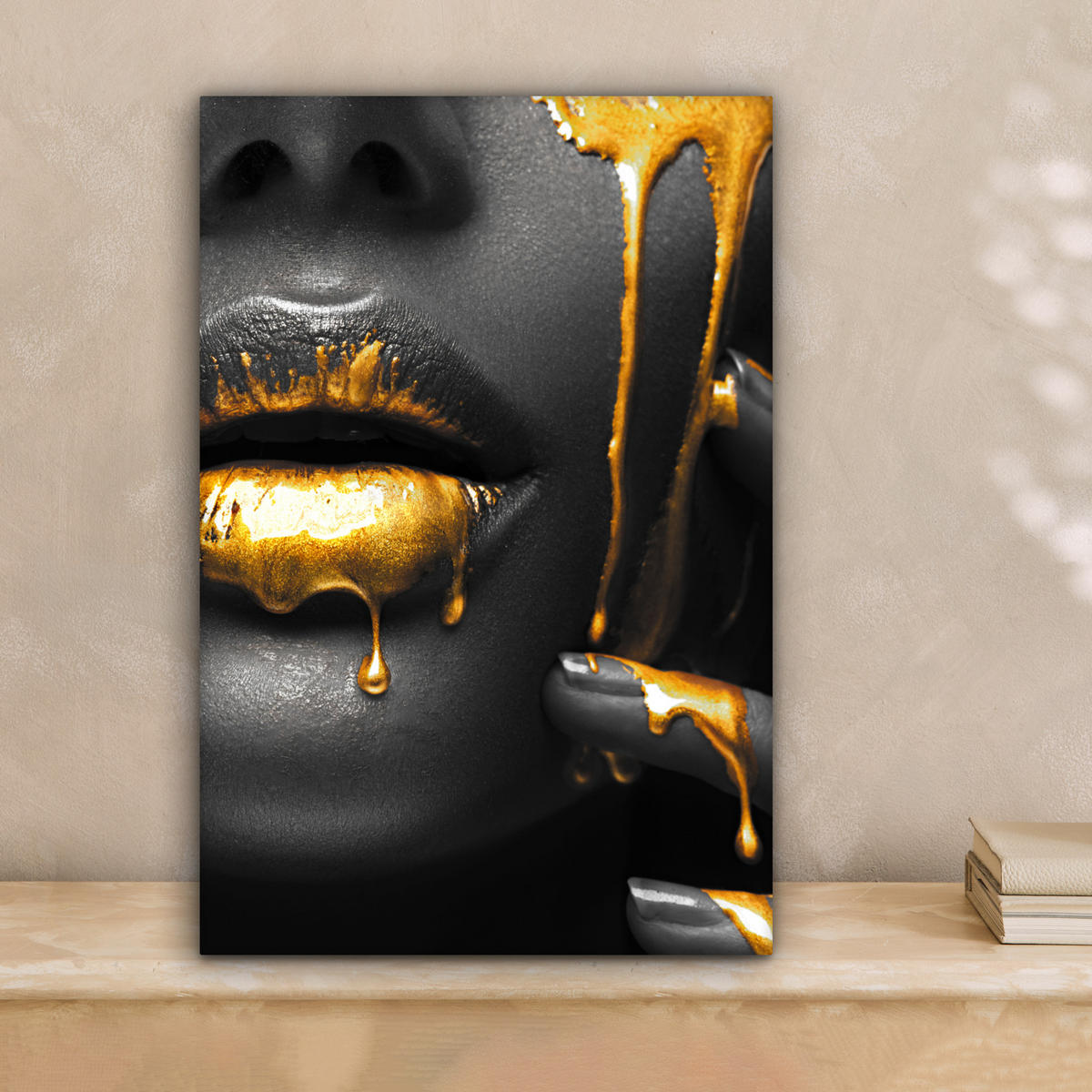 LEINWANDBILD Frau - Schwarz - Gold - Gesicht - Lippen 20x30 cm - Goldfarben, Textil (20/30cm) - MuchoWow