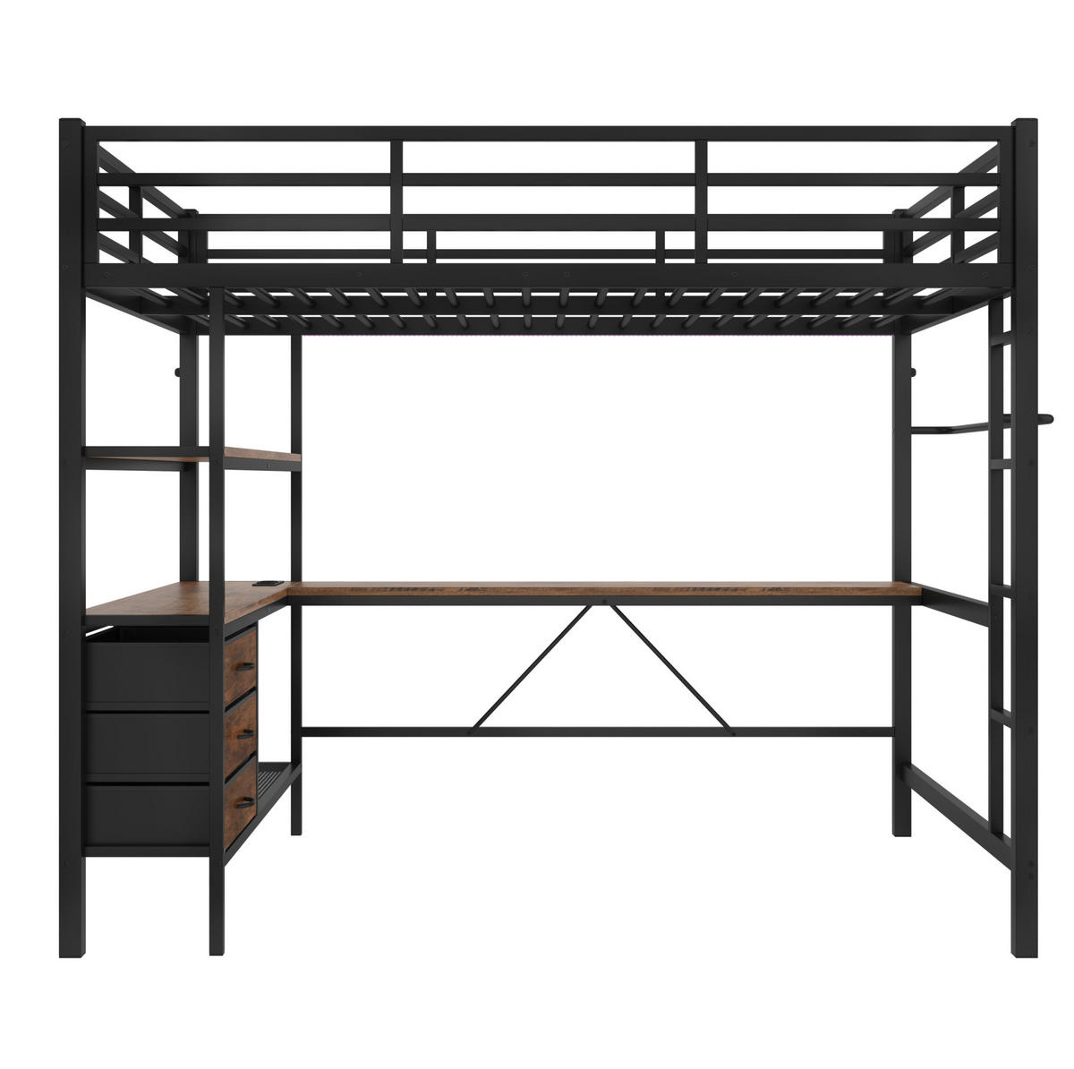 HOCHBETT 140/200 cm aus Metall/MDF mit Schreibtisch, LED-Beleuchtung und 3 Schubladen Schwarz - Schwarz, Metall (140/200cm) - Modenvie