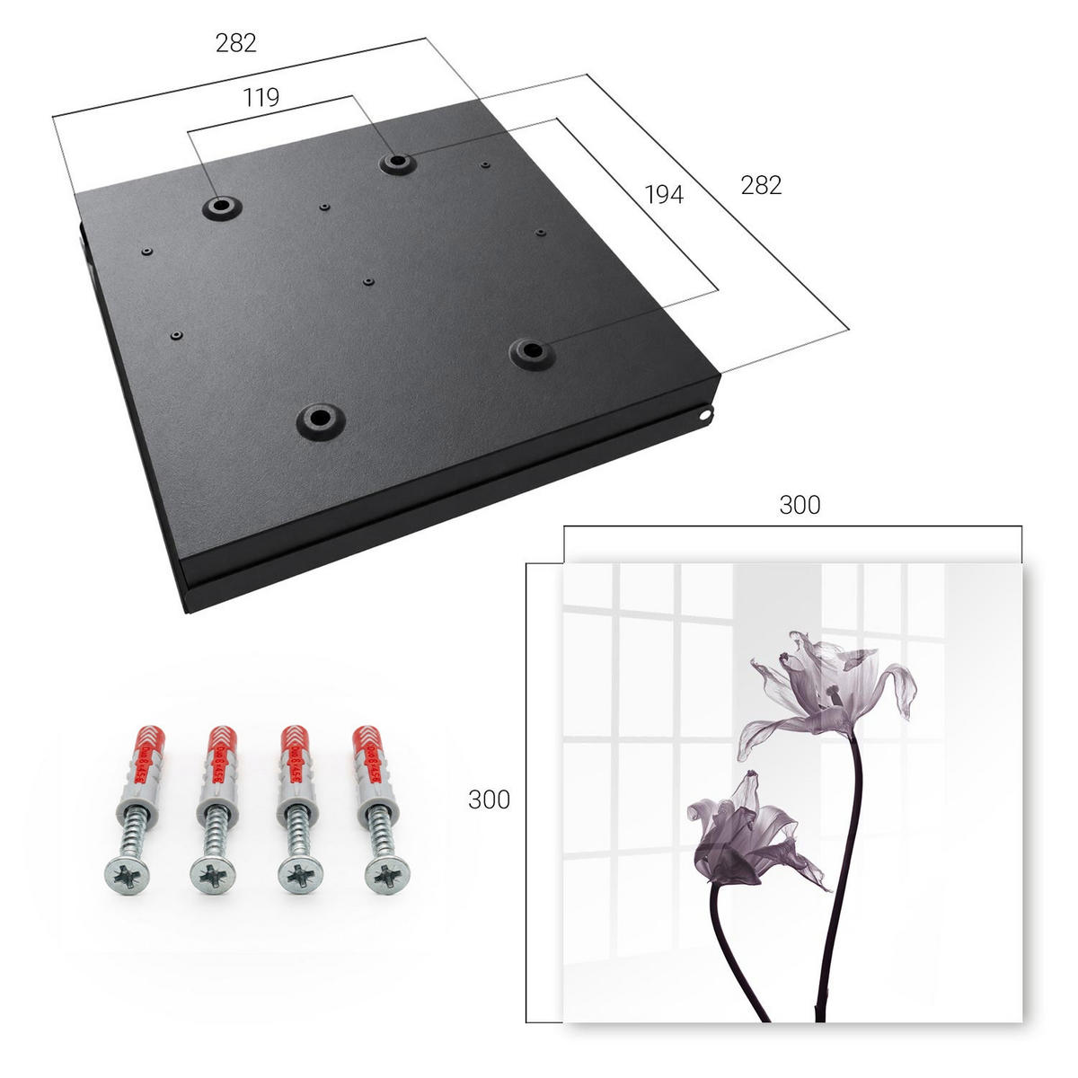 SCHLÜSSELBOX Schwarz 30x30 cm- Türöffnung nach rechts - Minimalistische Blumen - Weiß, Metall (30/30/5cm) - TULUP