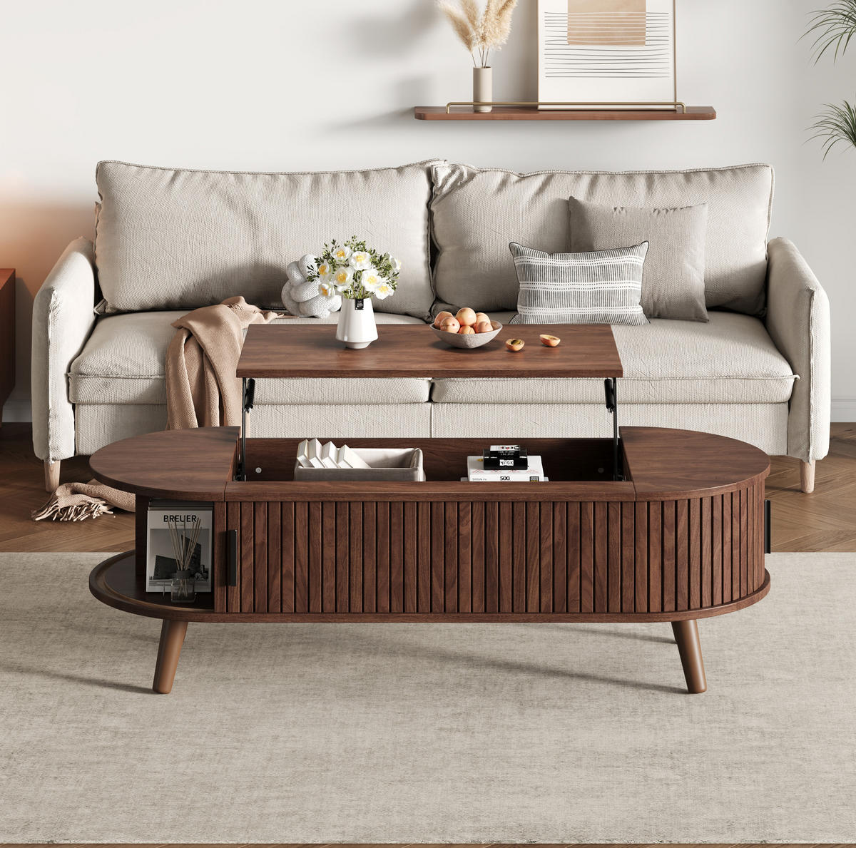 COUCHTISCH 120/50 cm höhenverstellbar mit verstecktem Stauraum in Nussbaum - Nussbaumfarben, Holzwerkstoff (120/50/39.5cm) - BEAOK