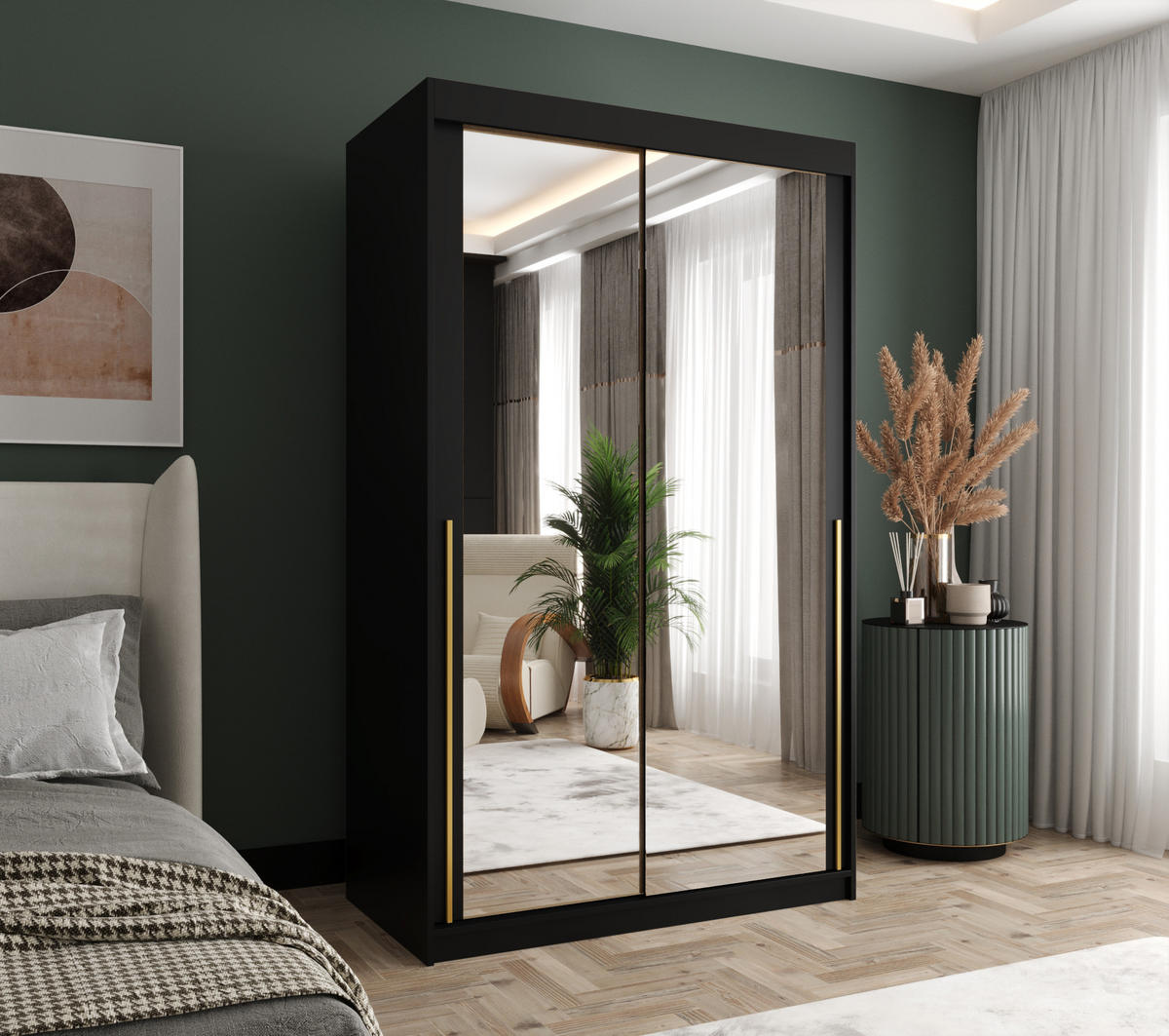 SCHIEBETÜRENSCHRANK mit Spiegel 120 cm Breite, Schwarz mit goldenem Griff - Goldfarben/Schwarz, Holzwerkstoff (120/200/62cm) - Home Collective