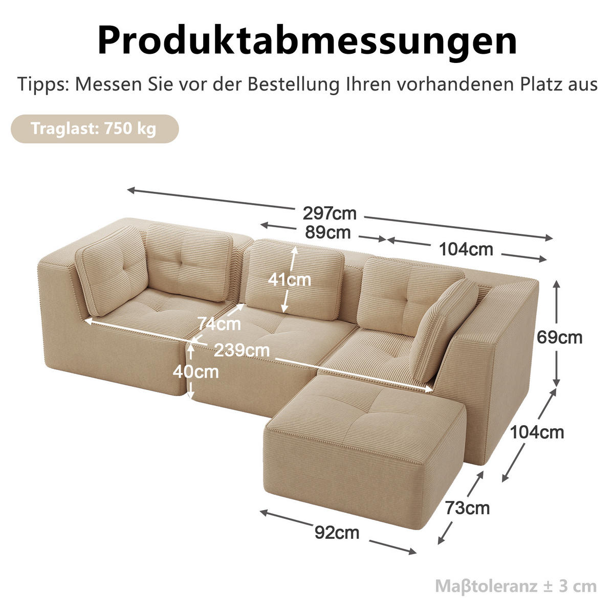 ECKSOFA 297/177/69 cm Beige Cord mit 1 Fußhocker - Beige, Textil (297/177cm) - Oxeza