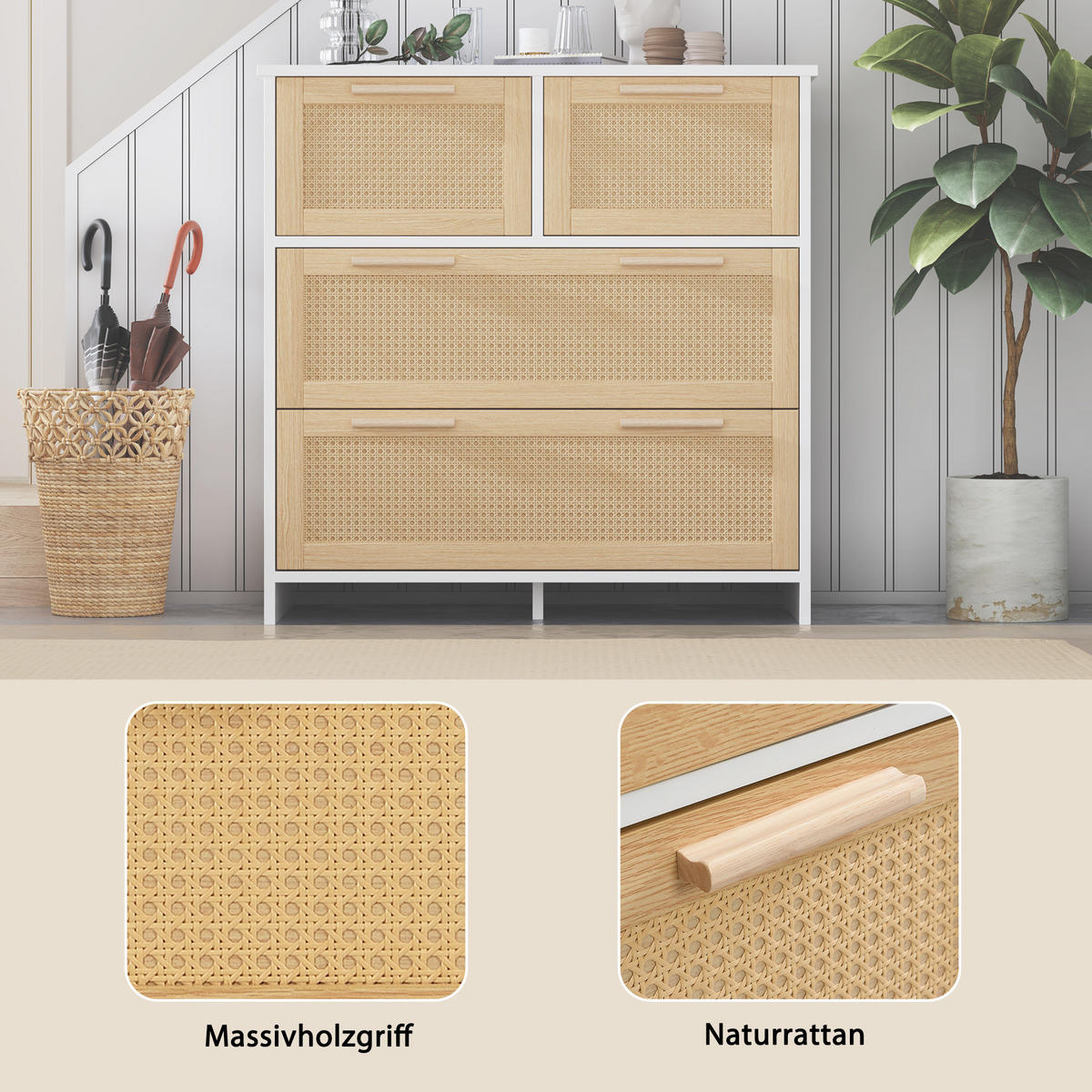 KOMMODE 80/38/80 cm mit 4 Schubladen und Rattanfronten - Weiß, Holzwerkstoff (80/38/80cm) - BEAOK