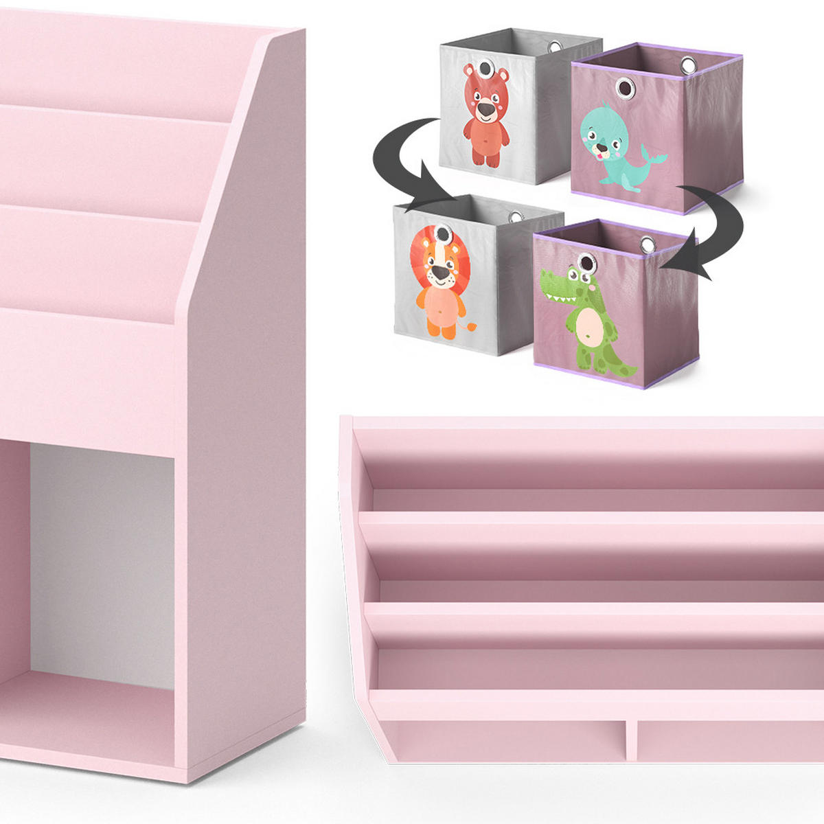 KINDERREGAL Luigi Rosa 72 x 79 cm mit 2 Faltboxen (Löwe, Krokodil) - Pink, Holzwerkstoff (72/79/30.7cm) - Vicco
