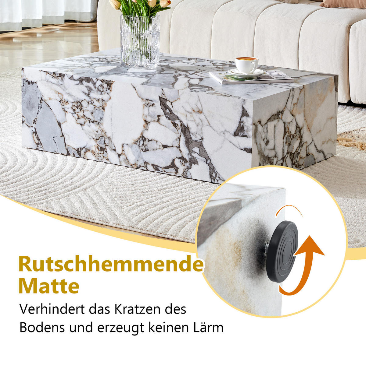 COUCHTISCH 90/50/30 cm mit Marmoroptik, rechteckigem Design und rutschfesten Füßen, Weiß - Weiß, Holzwerkstoff (90/50/30cm) - Redom