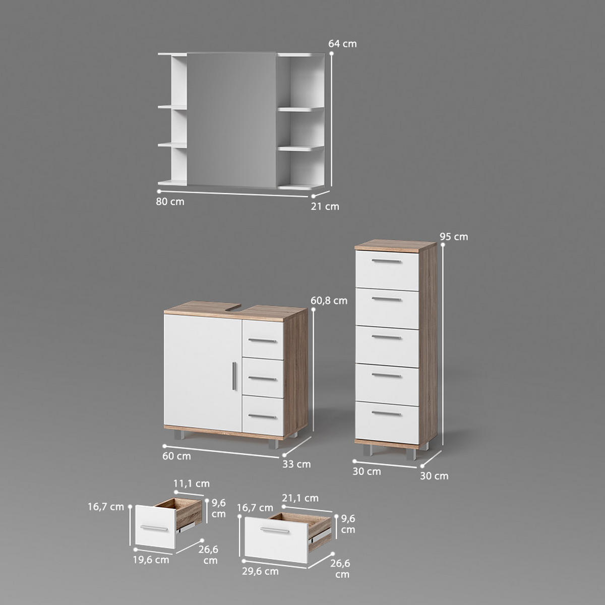 BADMÖBEL-SET Eisak Sonoma 3 Teile, mit Midischrank - Weiß/Sonoma Eiche, Holzwerkstoff (60/60/33cm) - Livinity®